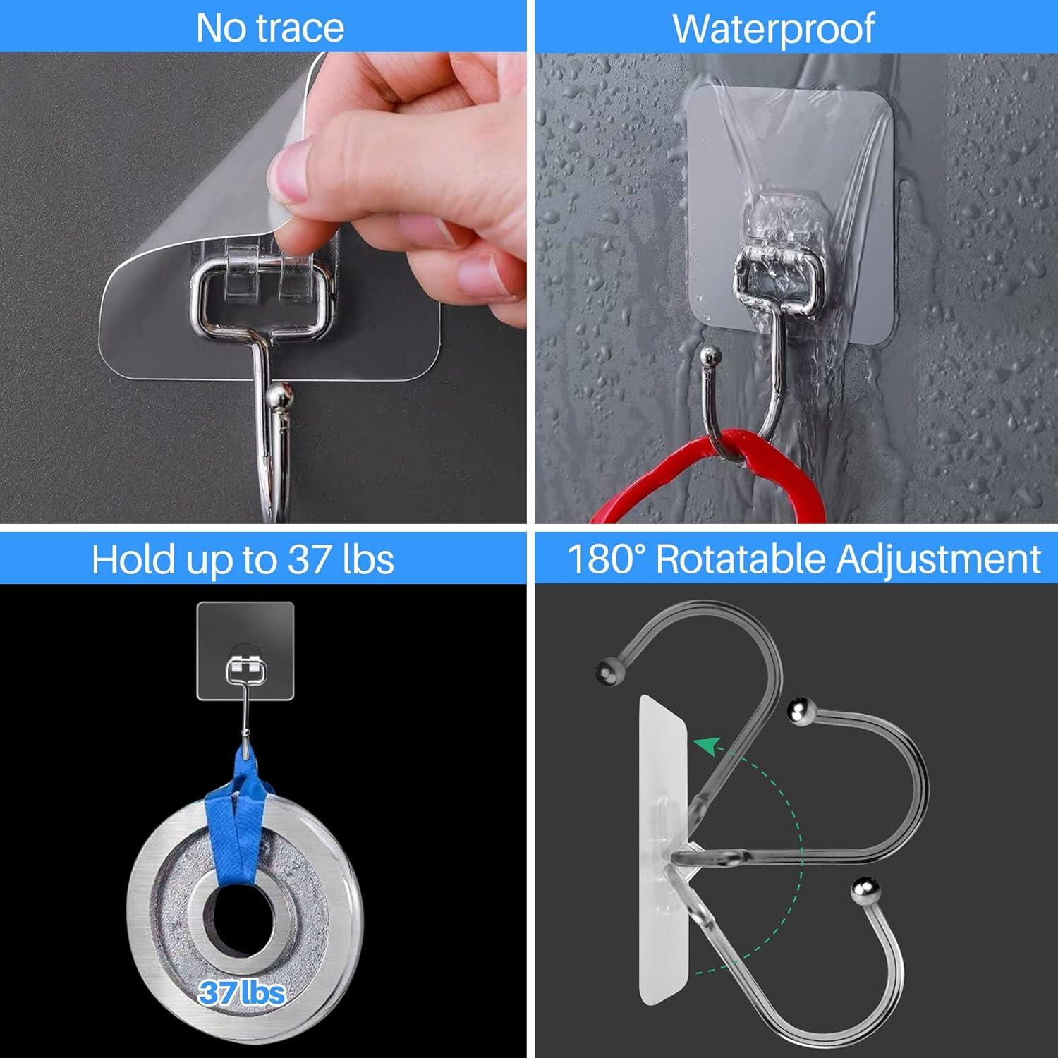 10-Pack Heavy Duty Adhesive Hooks, Holds up to 37 lbs, Waterproof Stick on Wall Hooks