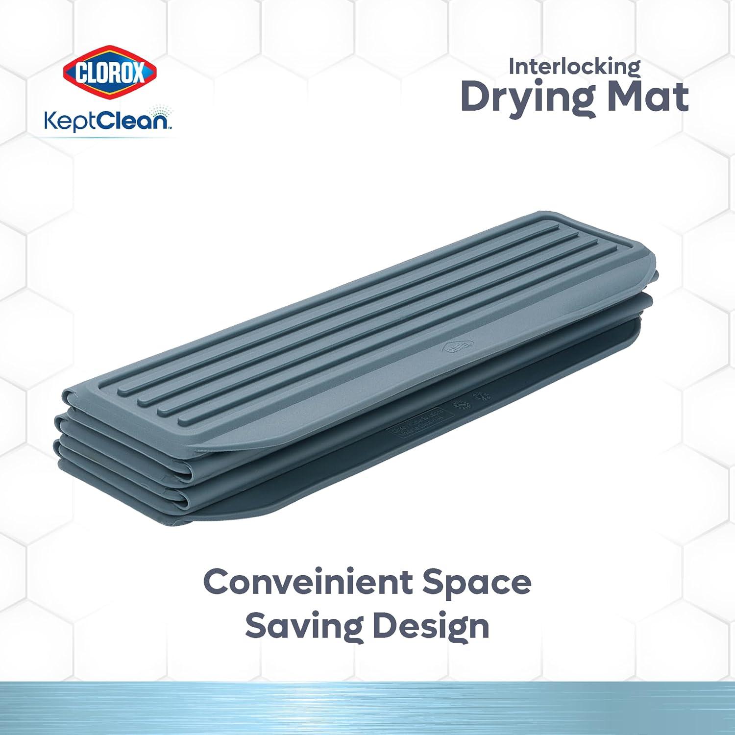 Clorox KeptClean Interlocking Non-Slip Dish Drying Mat – Flexible, Foldable, Durable, Quick-Dry Mat, Interlocking Panels for Various Drying Elevations, Folds Compact for Storage - Steel Blue