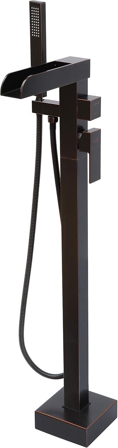 Single-Handle Floor Mount Freestanding Tub Faucet Waterfall Tub Filler with Handheld Shower in Oil Rubbed Bronze