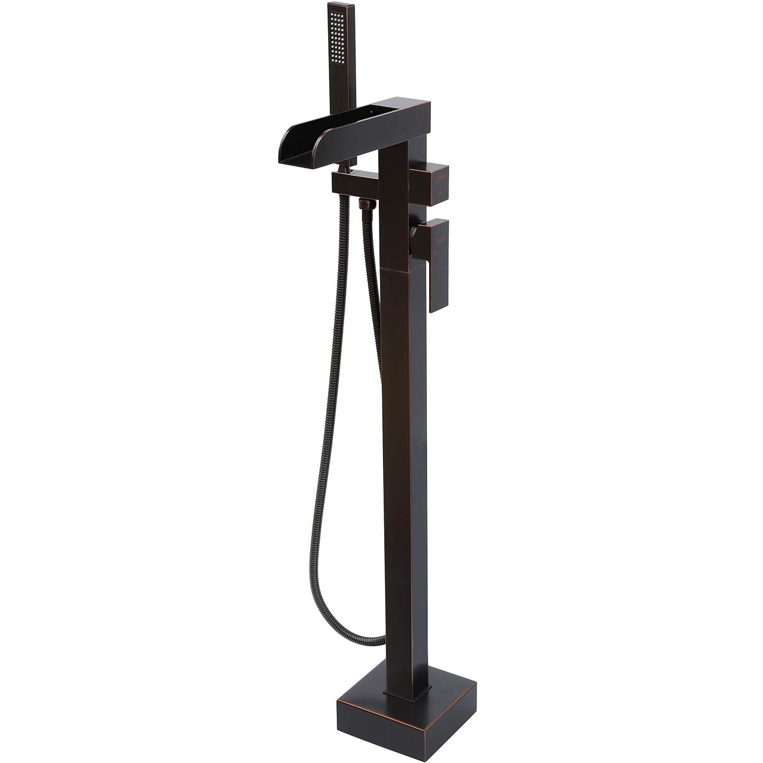 Single-Handle Floor Mount Freestanding Tub Faucet Waterfall Tub Filler with Handheld Shower in Oil Rubbed Bronze