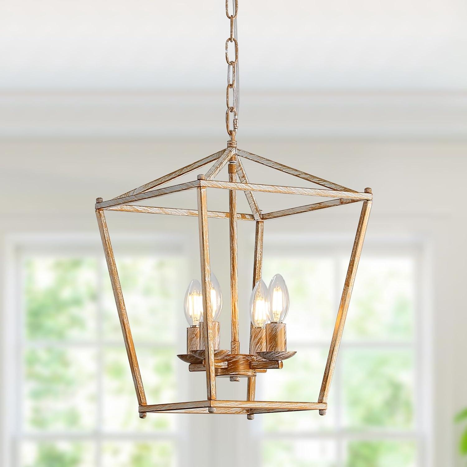 Rustic Lantern Chandeliers 4-Light Ceiling Cage Hanging Lights Gold Pendant Light Fixtures for Kitchen Island Dining Room Farmhouse Entryway Foyer
