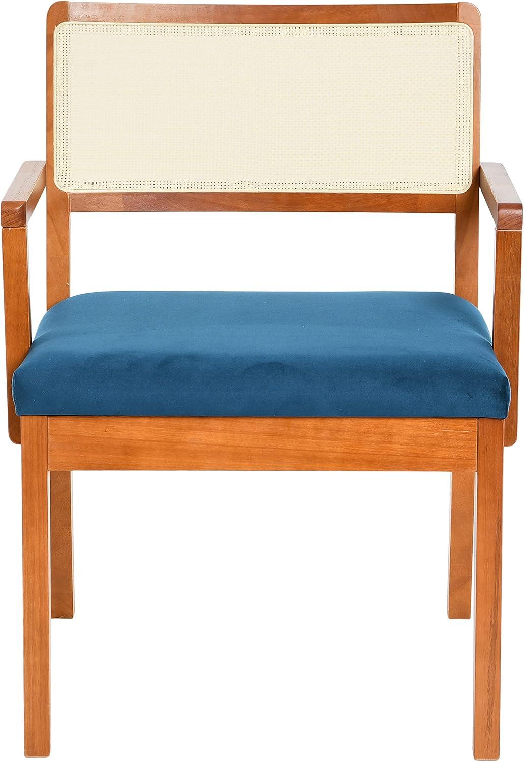 Creative Co-Op Crawford Mid-Century Modern Eucalyptus Wood Arm Chair W/ Cane Back and Velvet Upholstered Seat Cushion,Dark Blue