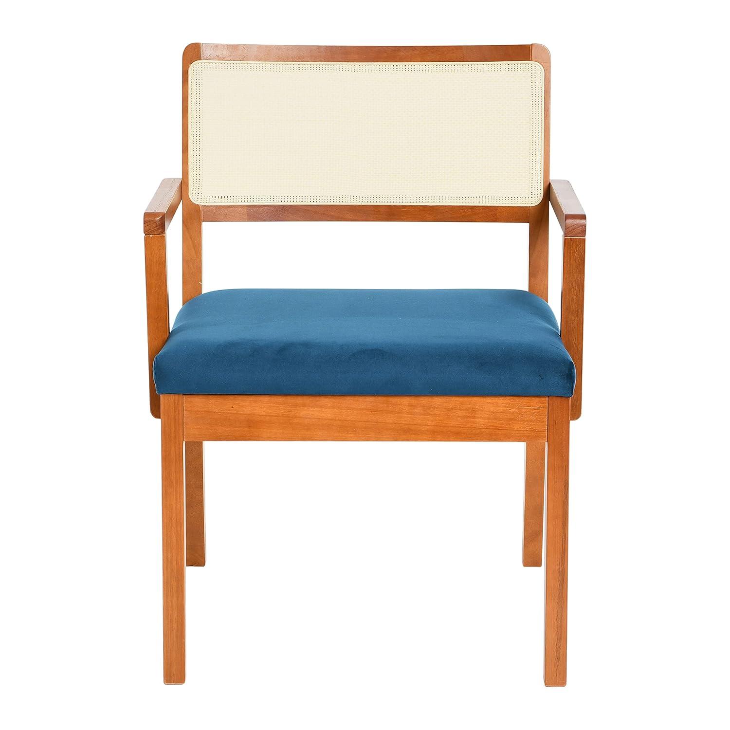 Creative Co-Op Crawford Mid-Century Modern Eucalyptus Wood Arm Chair W/ Cane Back and Velvet Upholstered Seat Cushion,Dark Blue