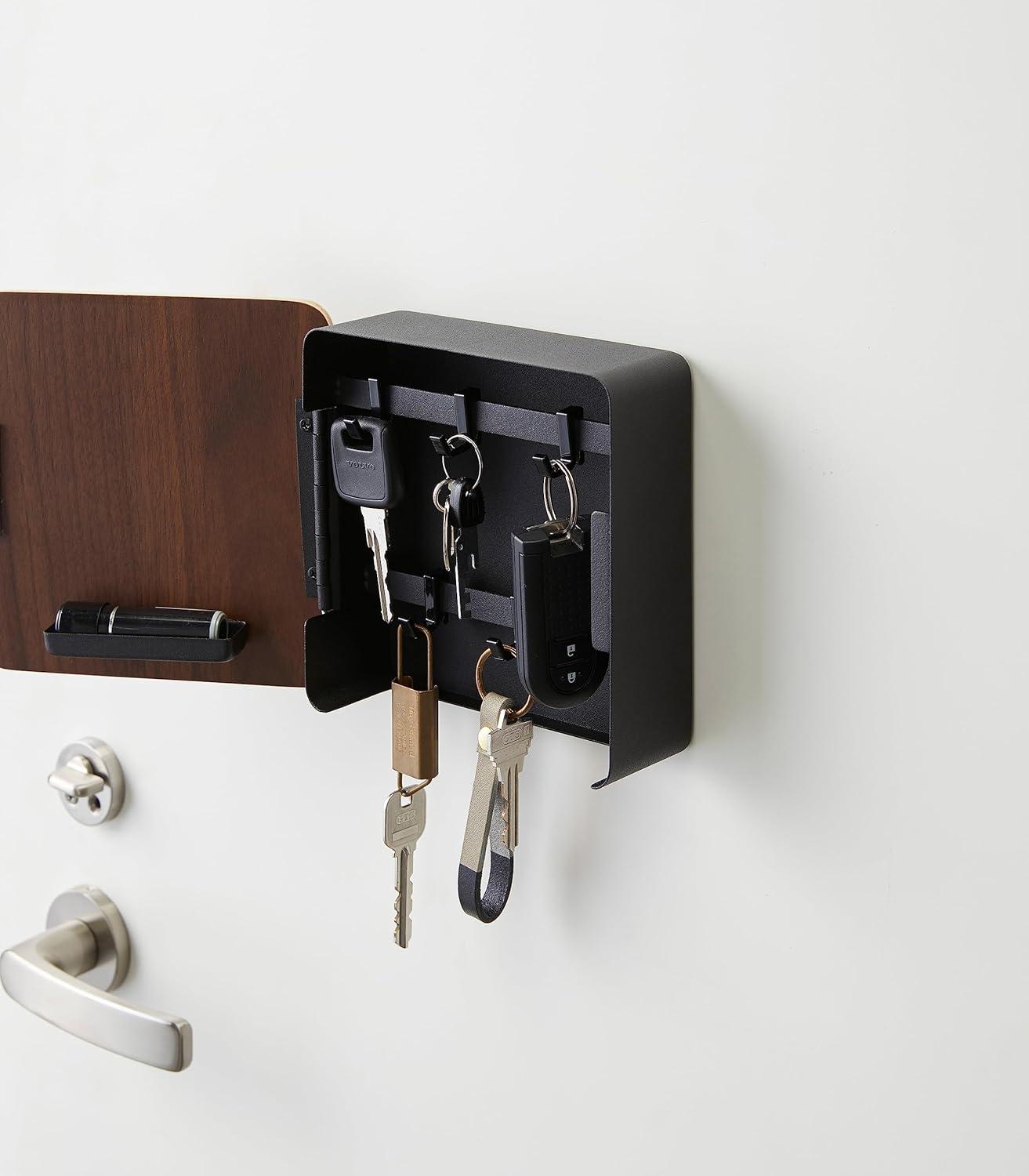 Yamazaki Home Yamazaki Home Square Magnetic Key Cabinet, Wood Accented Keychain Organizer, Steel + Wood, Magnetic