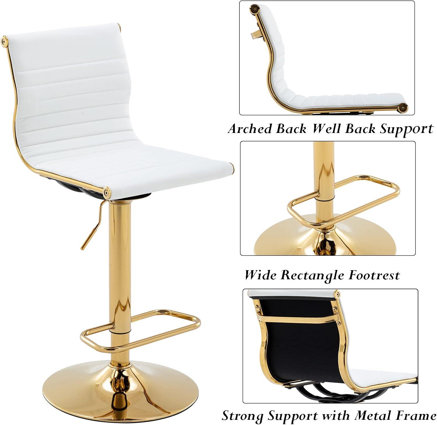 Flash Furniture Modern White Vinyl Adjustable Bar Stool with Back, Counter Height Swivel Stool with Gold Pedestal Base, Set of 2