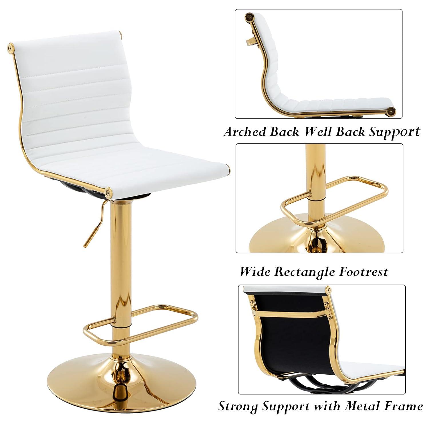 Flash Furniture Modern White Vinyl Adjustable Bar Stool with Back, Counter Height Swivel Stool with Gold Pedestal Base, Set of 2
