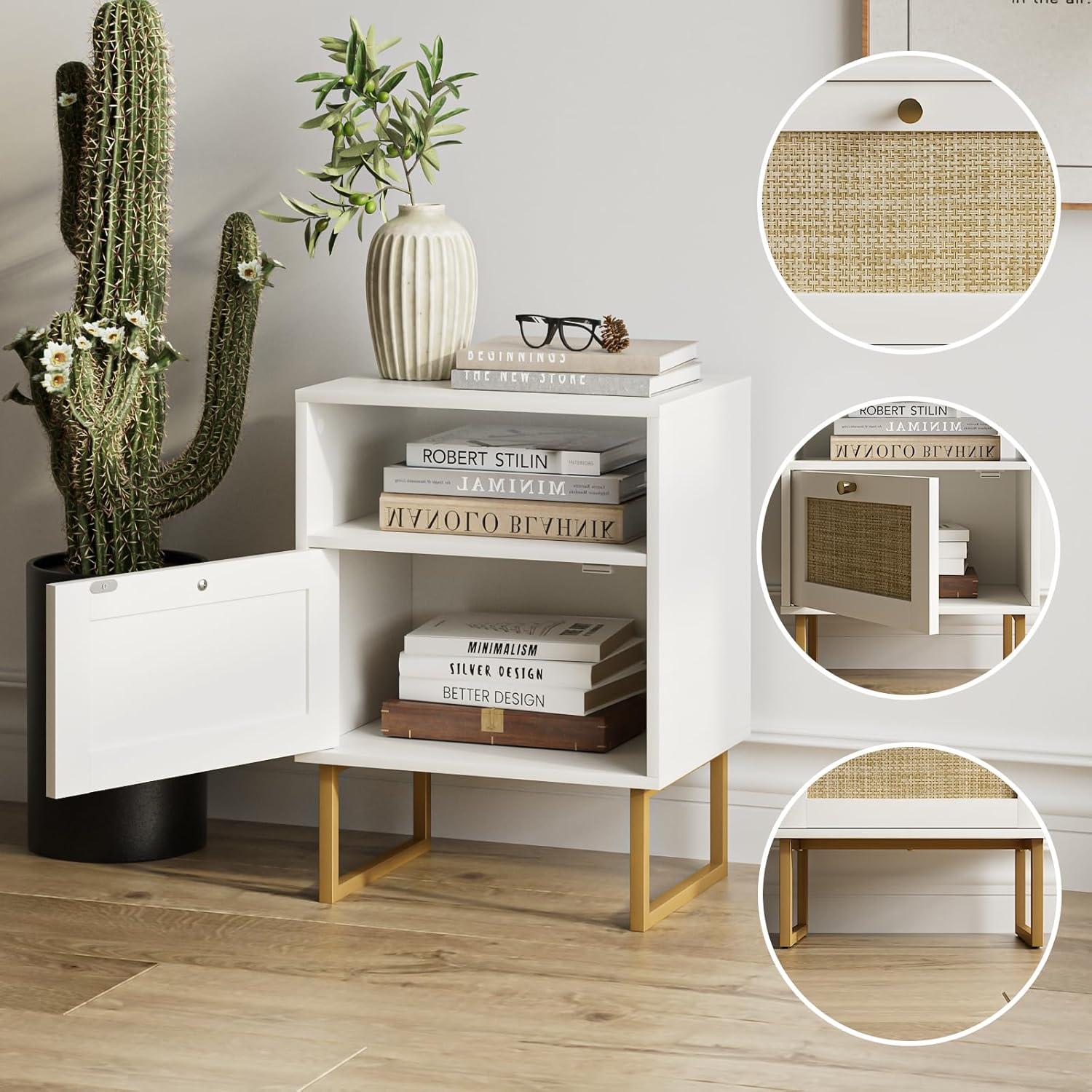 White and Gold Modern Rattan Nightstand with Drawer