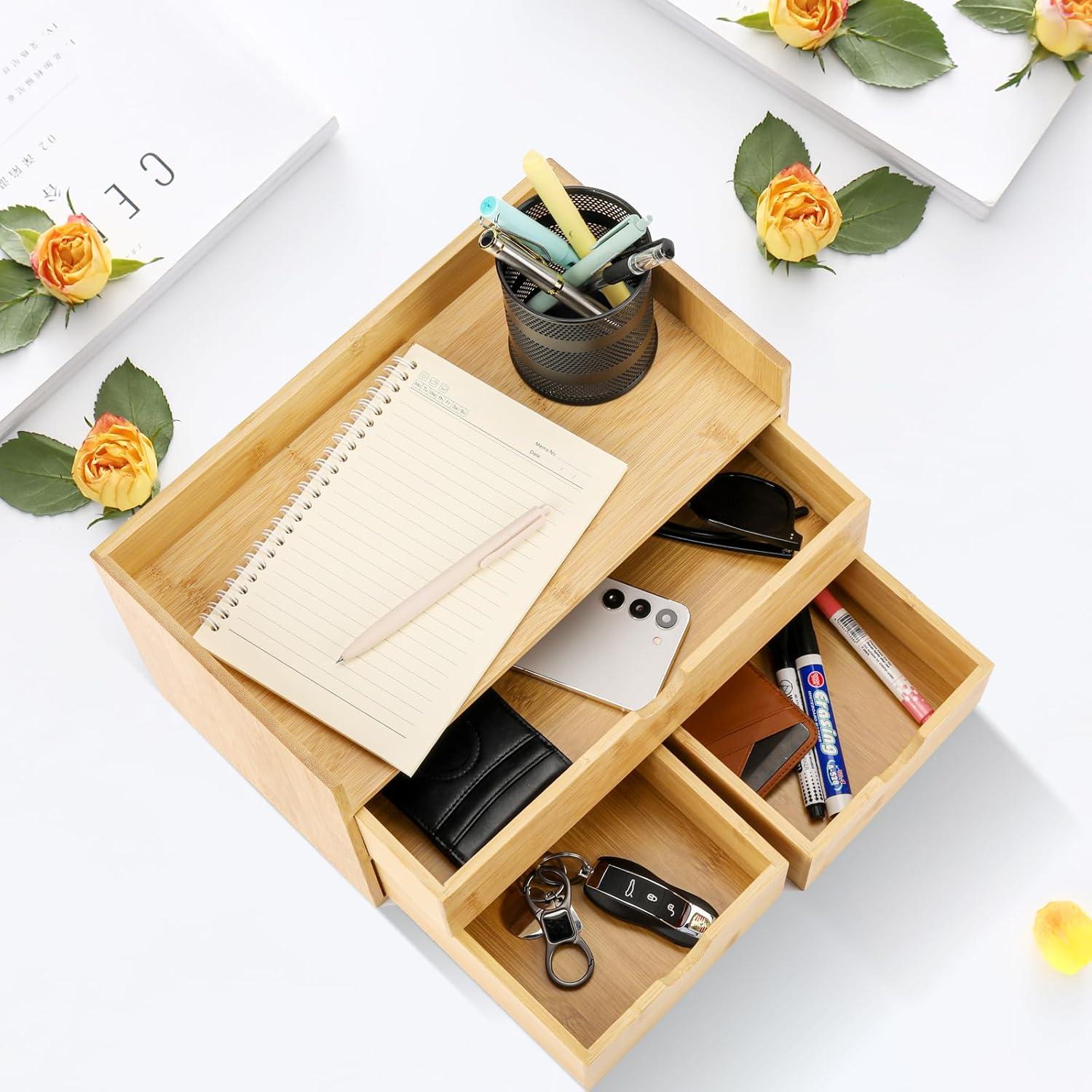 Bamboo Desk Organizer with 3 Drawers, Countertop Organizer with Drawers Makeup Storage Drawer 3 Drawers Tabletop Storage Organization Box Home Office Workspace