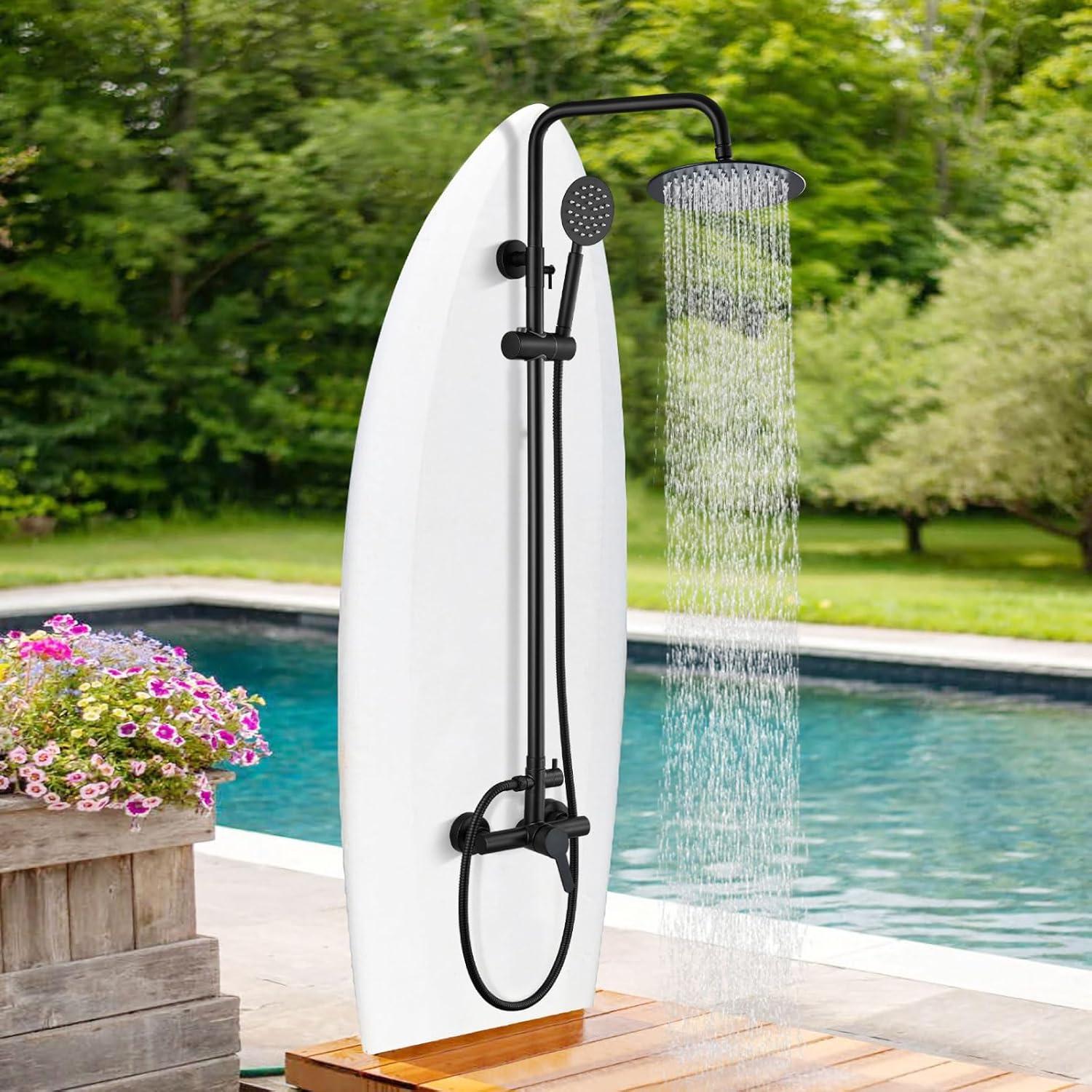 gotonovo SUS304 Outdoor Shower Fixture High Pressure Shower System Wall Mount 2 Dual Function Single Handle Shower Kit with 8 Inch Shower Head and Handheld Spray Shower Faucet Combo, Matte Black