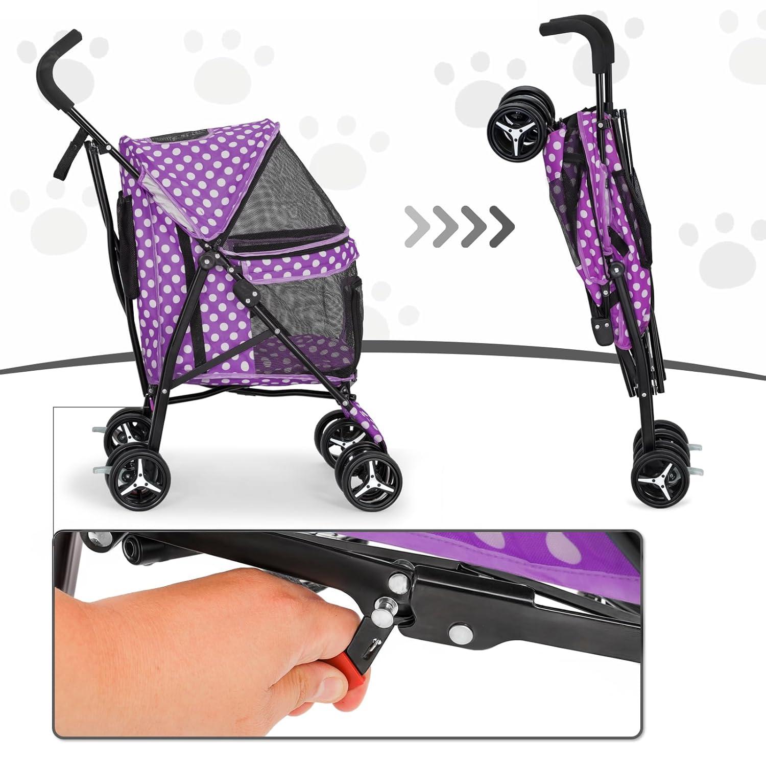 Magshion Foldable Lightweight Pet Trolley for Pet Cats & Dogs, 4 Wheel, Purple with White Polka Dots