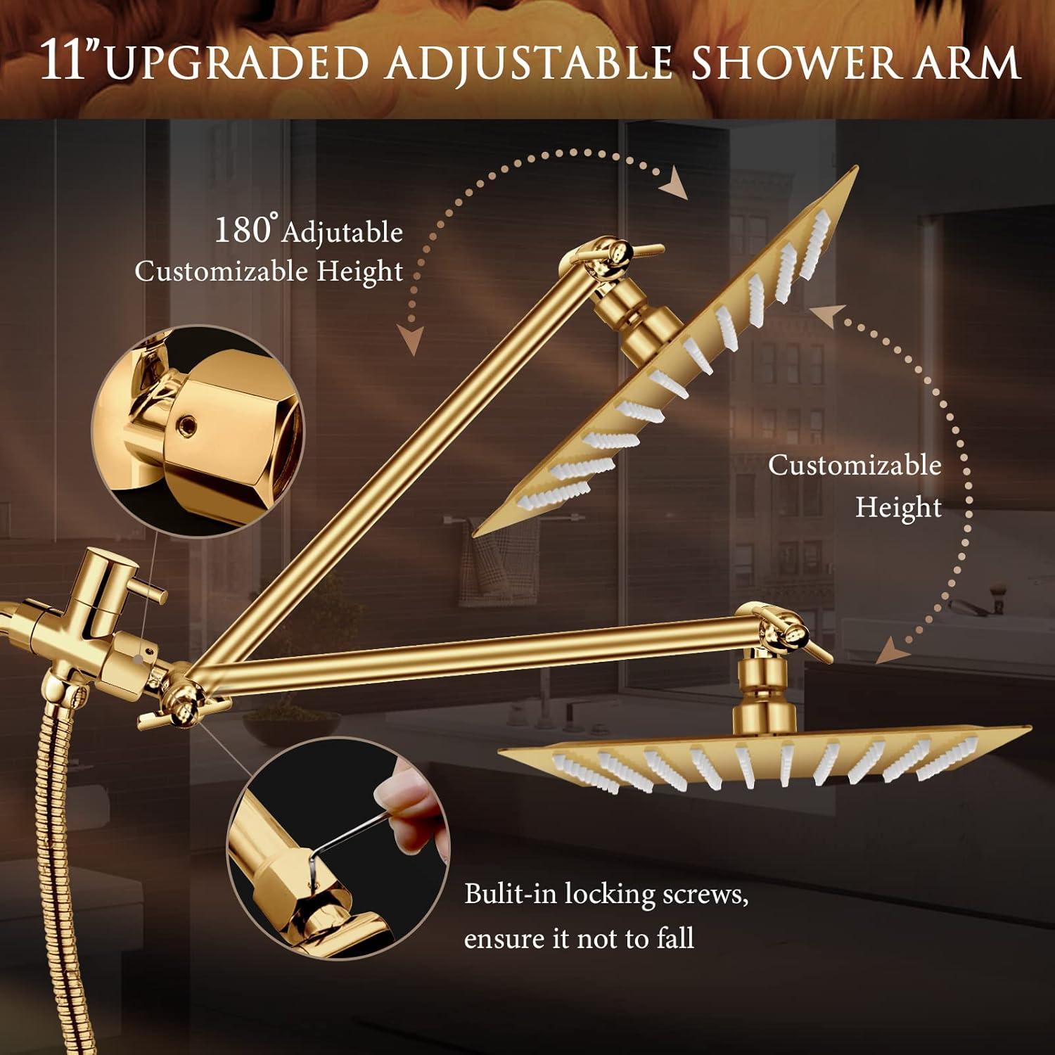 12'' Shower Head with Handheld, High Pressure Rainfall Shower Head Combo with 11'' Adjustable Extension Arm, 5 Setting Hand Held Shower Head with 60 Inch Shower Hose. Anti-Leak (Gold)