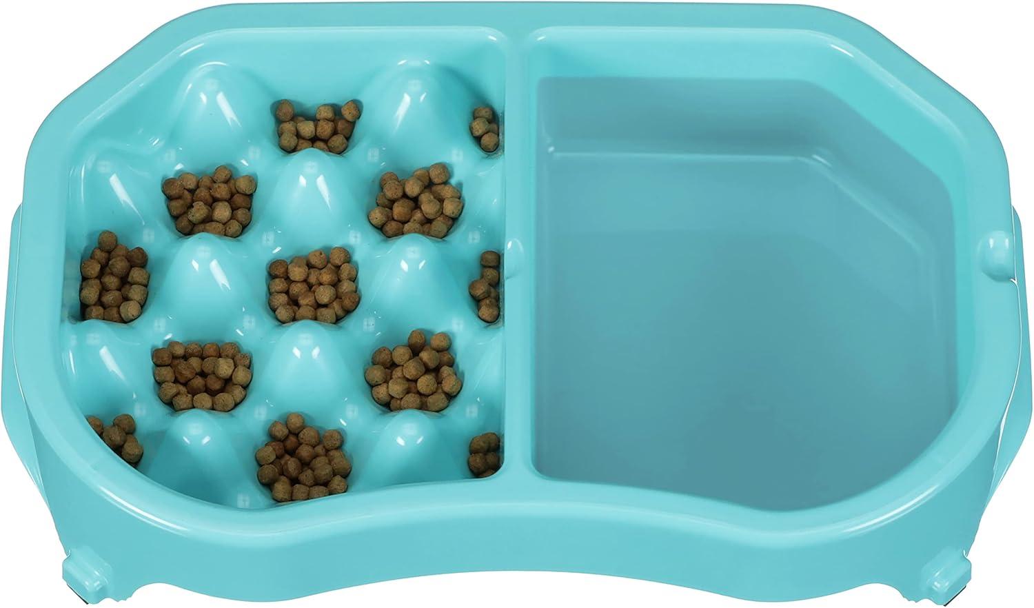 Neater Pet Brands Neater Slow Feeder Double Diner Food and Water Bowl - Improves Digestion, Stops Obesity, and Slows Down Eating, Aquamarine