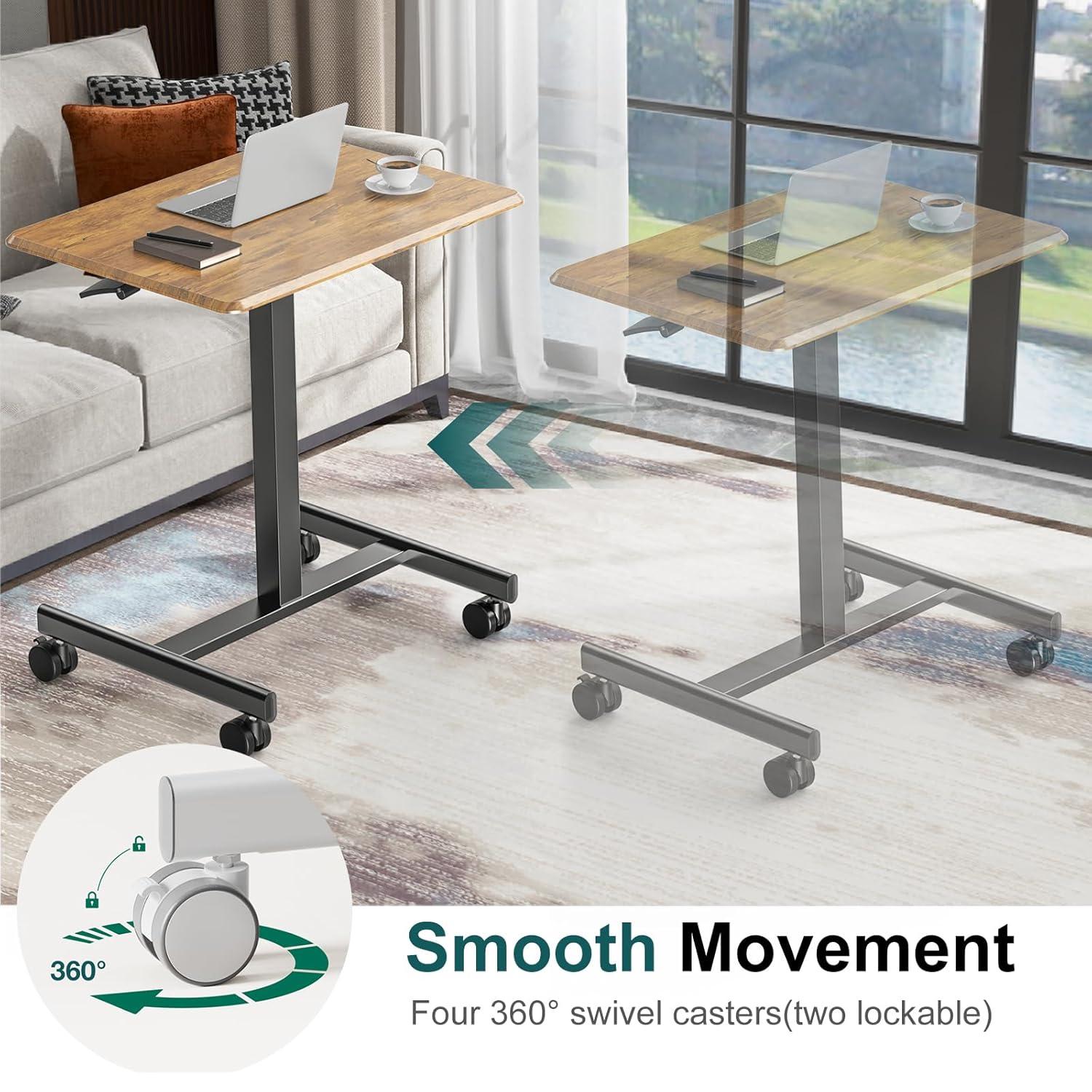 DUMOS Small Standing Desk Mobile Portable Rolling Laptop PC Table on Wheels Adjustable Height Computer Workstation for Home Office, 19 Inch, Brown