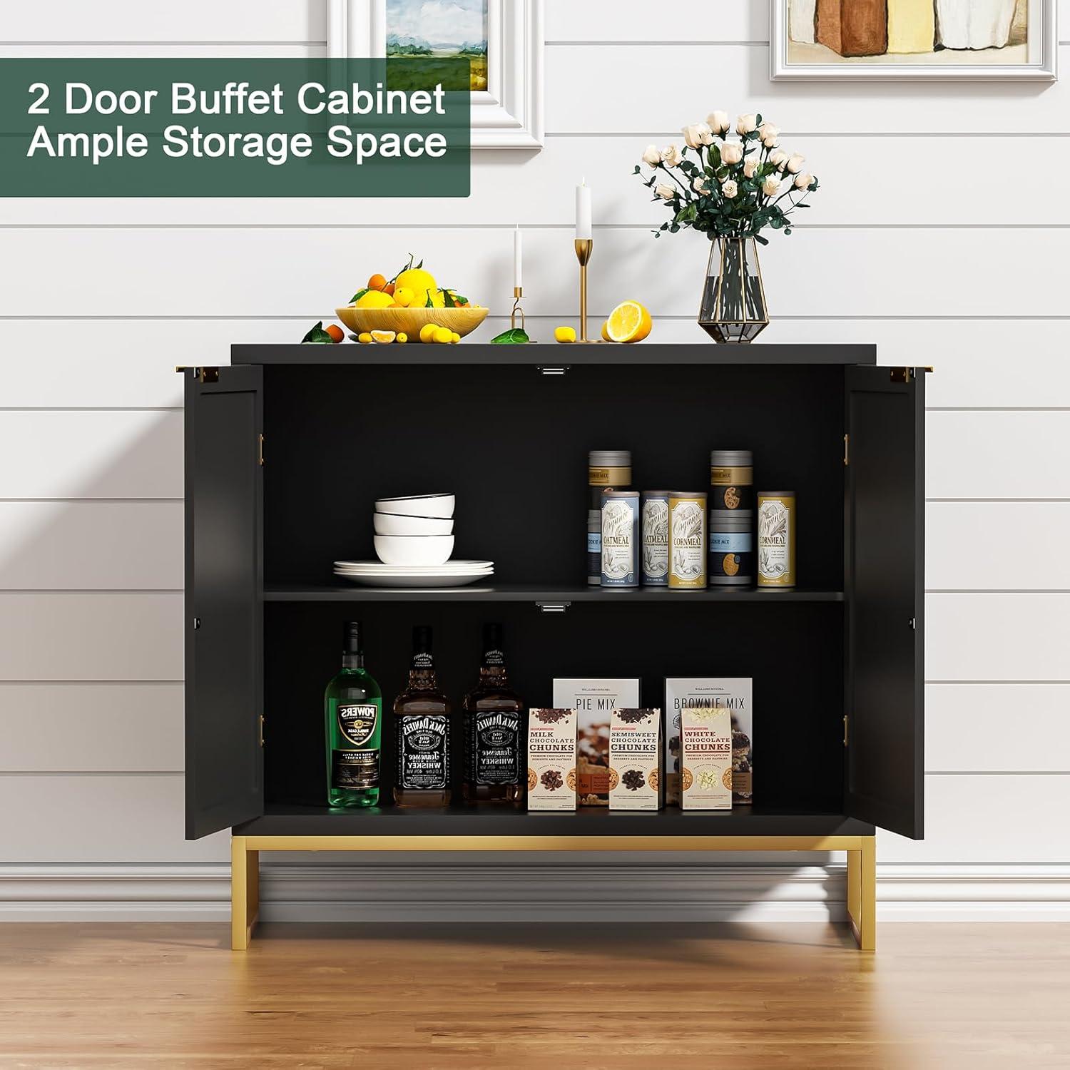 Anmytek  Mid-Century Modern 2-Door Black Buffet Sideboard Accent Storage Cabinet with Adjustable Shelves