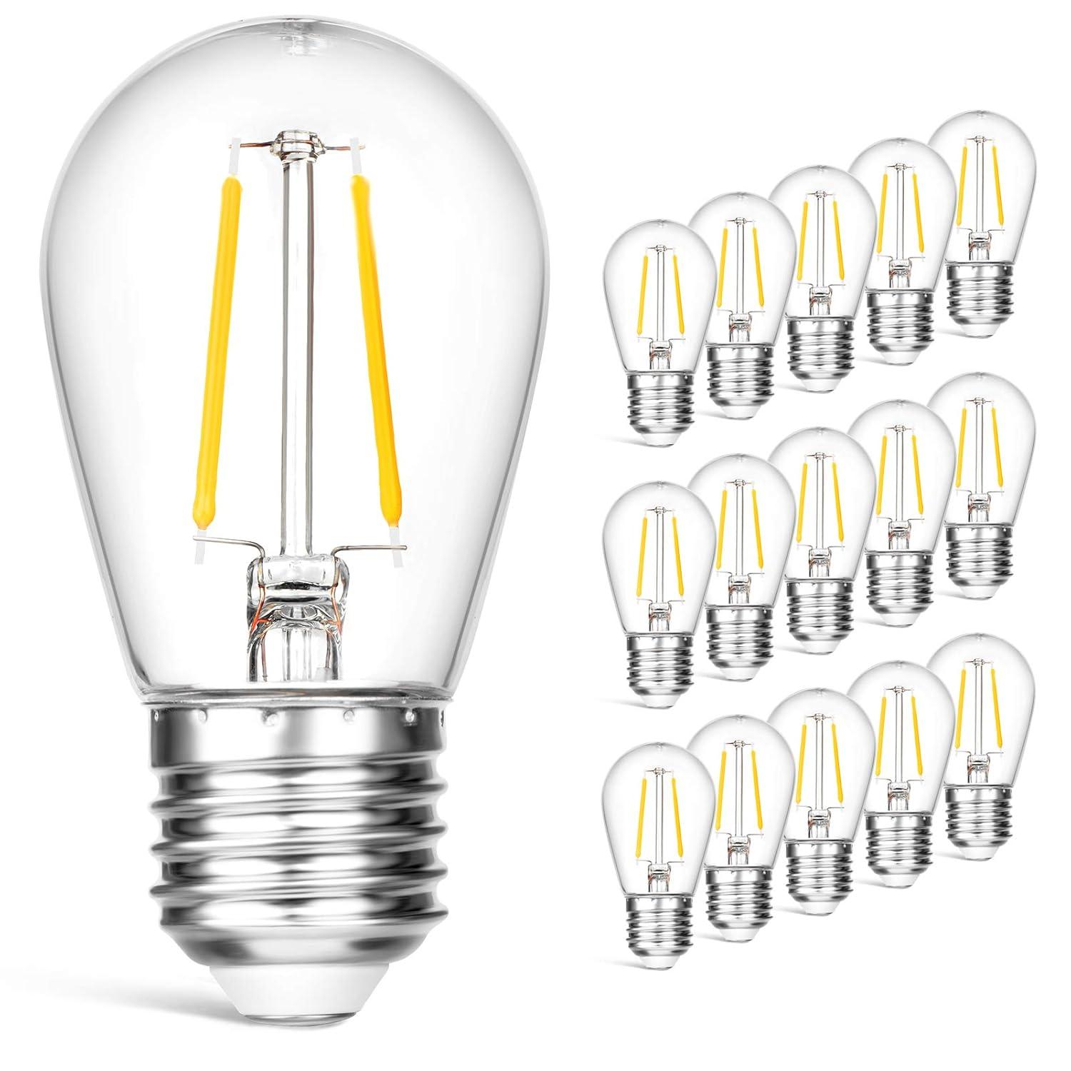 ROMANJOY 15Pack 2W S14 Replacement LED Bulbs, 2200K Warm White Waterproof Outdoor String Lights Vintage LED Filament Bulb, E26 Base Edison LED Light Bulbs