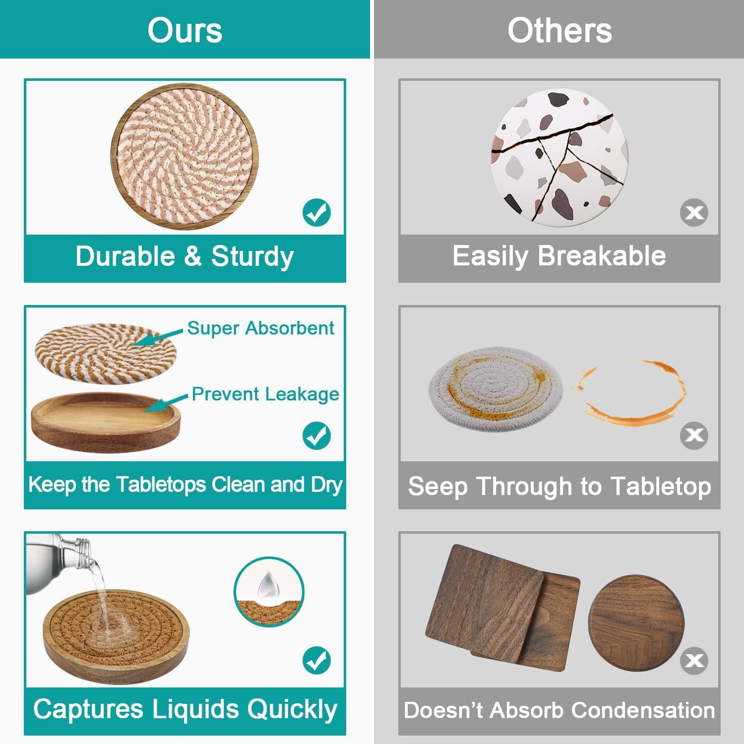 Wood Coasters for Drinks, Absorbent Coaster Sets of 5, Woven Drink Coasters for Coffee Table, Housewarming Gift for Farmhouse Home Decor,4 inches #1 Brown 5 Pack