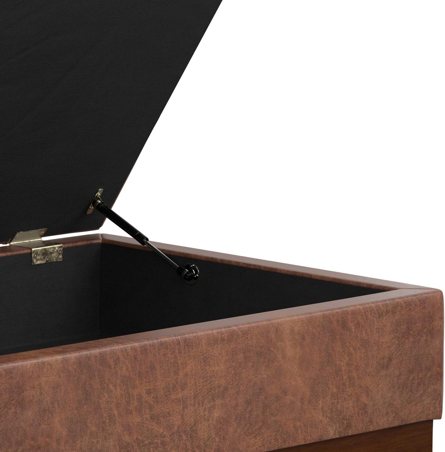 Simpli Home Mariah 34 inch Wide Contemporary Rectangle Coffee Table Storage Ottoman in Distressed Saddle Brown Vegan Faux Leather