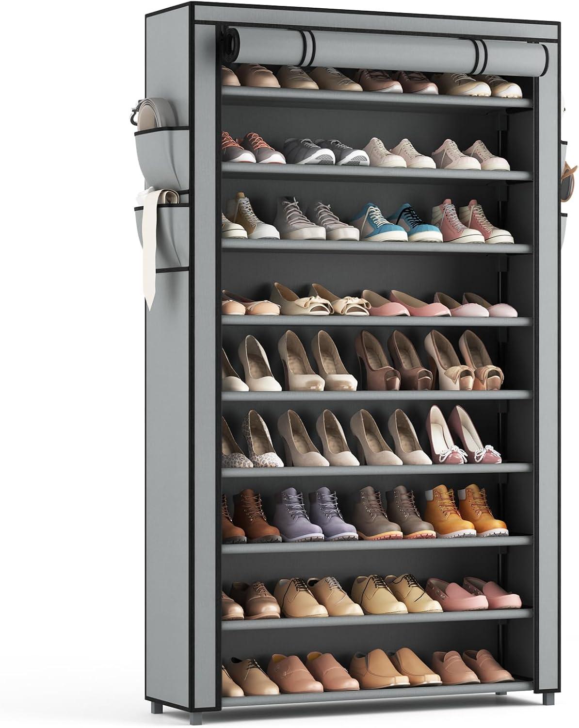 Gray 10-Tier Tall Stackable Shoe Rack with Covers