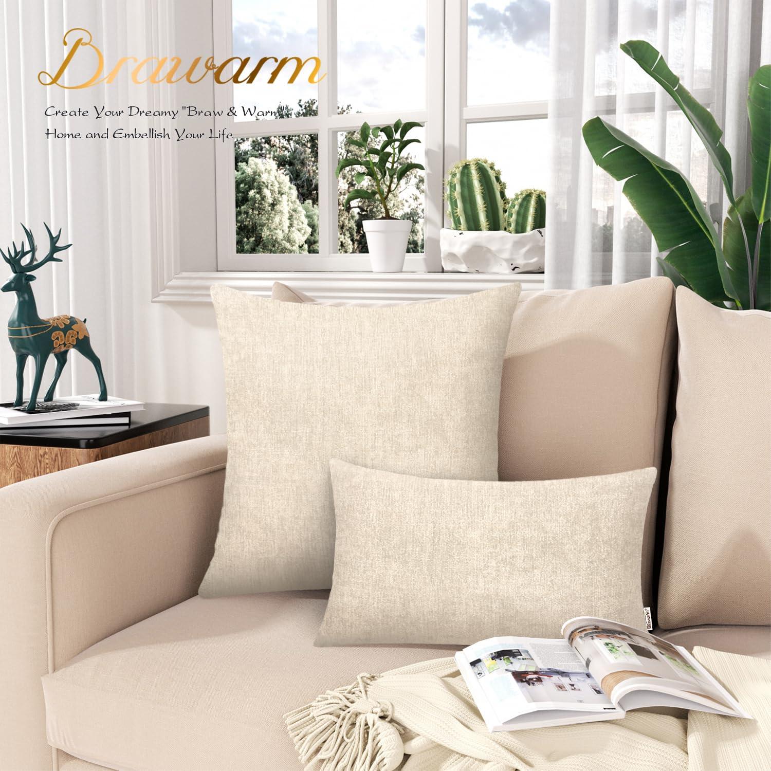 BRAWARM Throw Pillow Covers 12x20 Inches - Cream Chenille Lumbar Pillow Covers Pack of 2, Solid Dyed Soft Chenille Pillow Cases for Couch Sofa Bed Home Decoration
