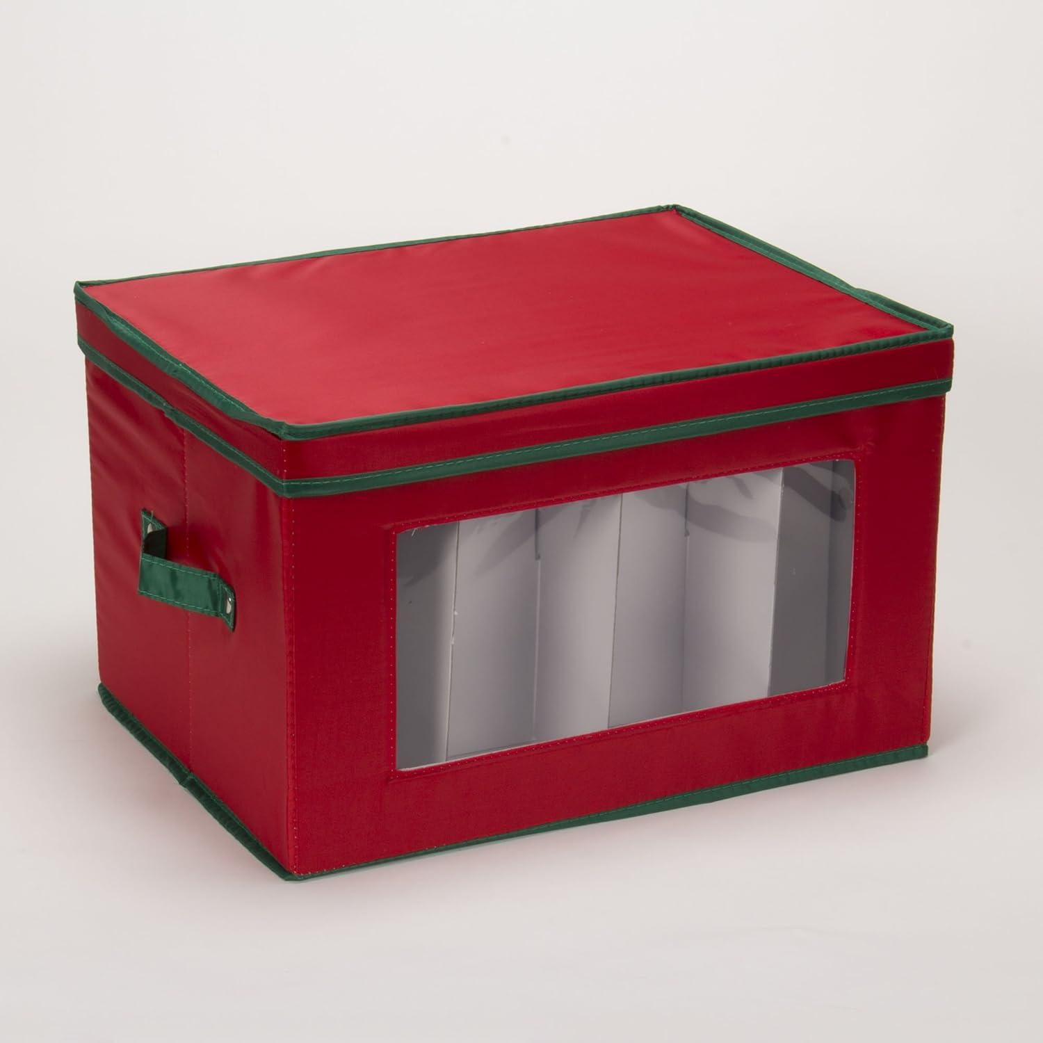 Household Essentials Holiday Stemware Storage Box, Windowed Storage with Lid, 12 Storage Compartments, Red with Green Trim