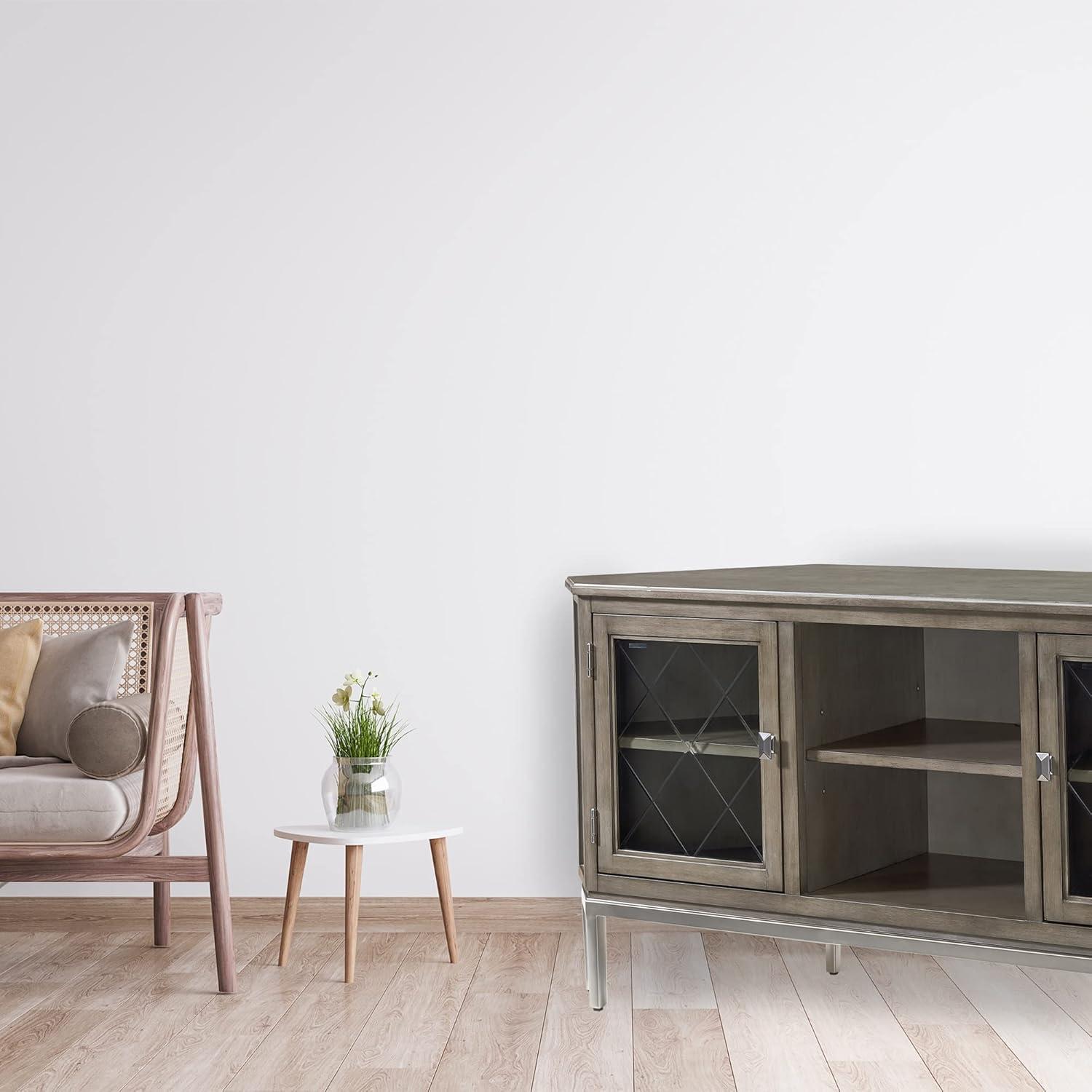 Gray Wood and Pewter Corner TV Stand with Glass Doors