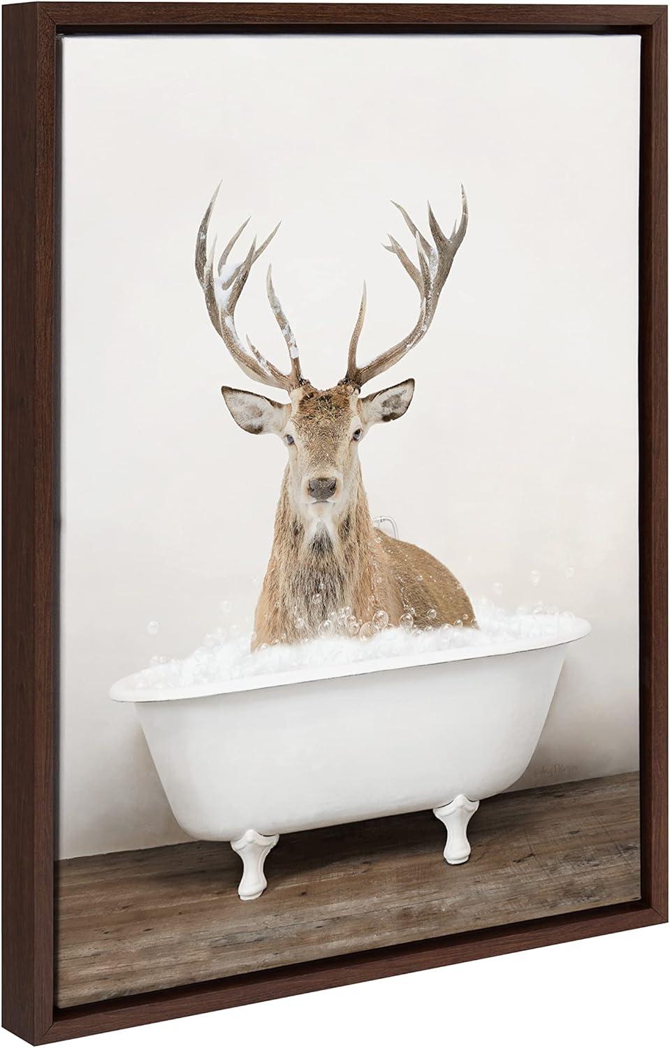 Whimsical Male Deer in Bathtub Brown Framed Canvas Art