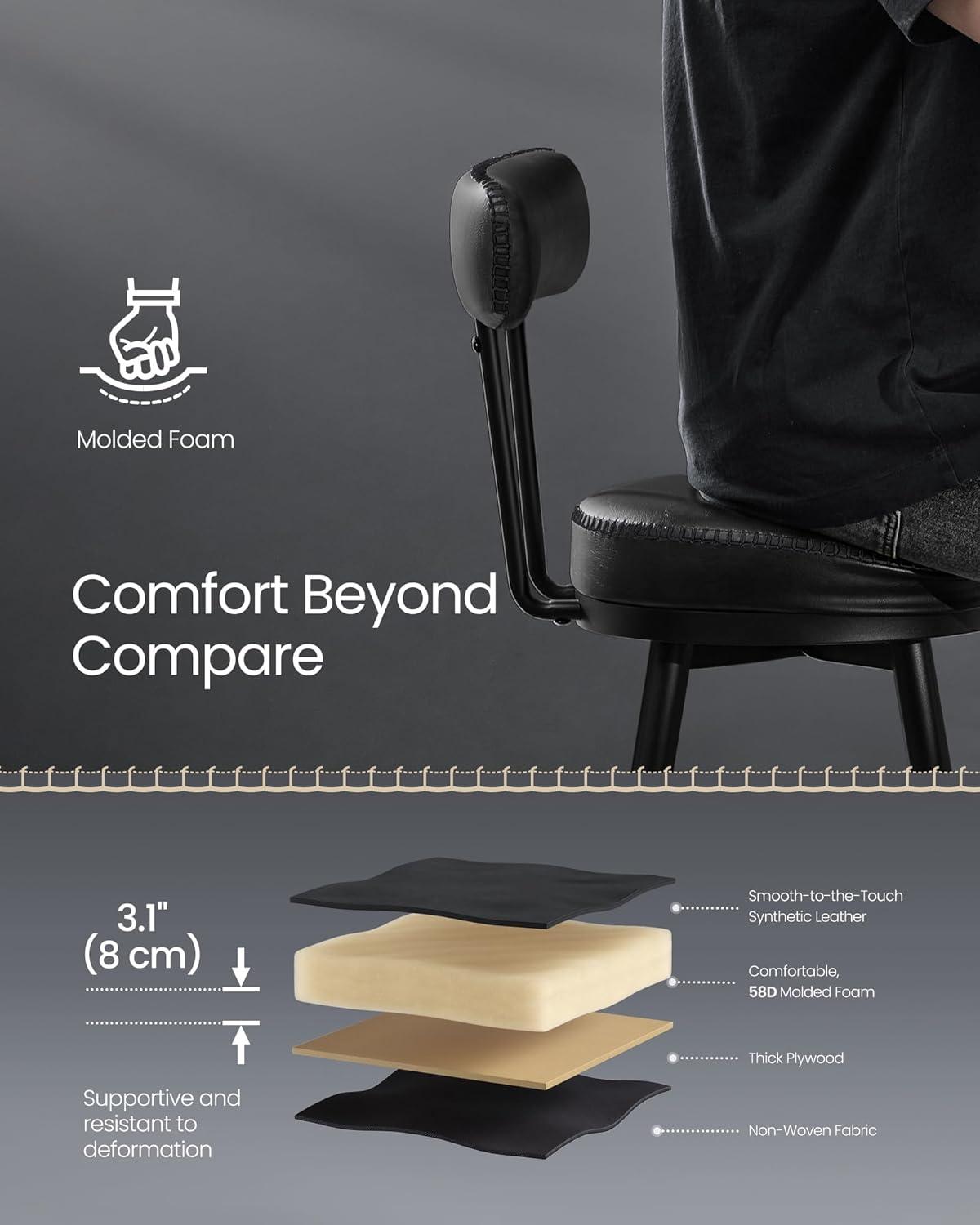 VASAGLE EKHO Collection - Bar Stools Set of 2, Swivel Bar Height Bar Stools with Back, Synthetic Leather with Stitching, Mid-Century Modern, 30-Inch Tall Barstools for Kitchen Home Bar, Ink Black