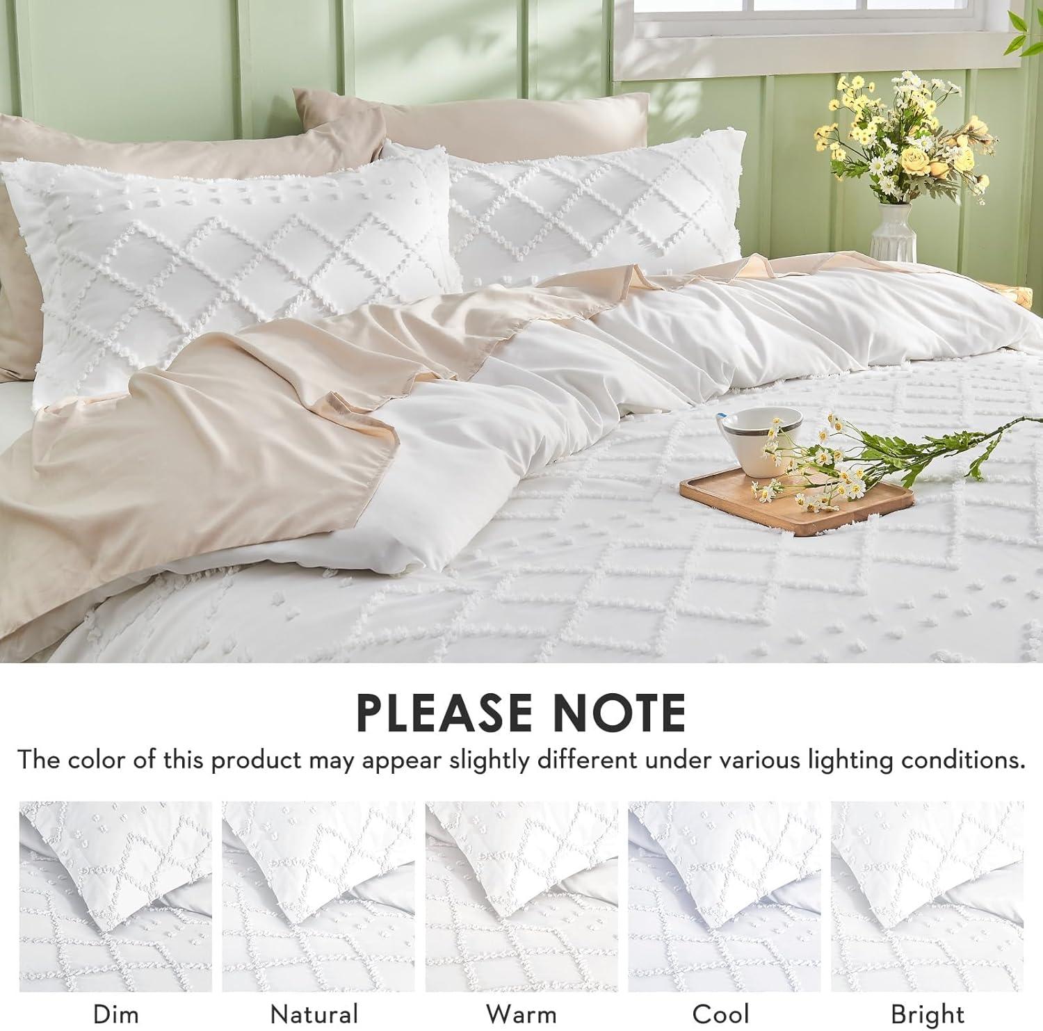 King Size White Tufted Boho Embroidery Duvet Cover Set