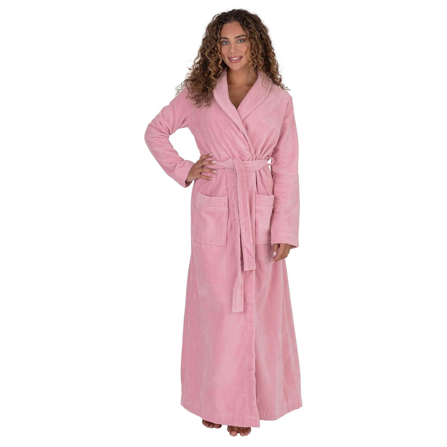 Arus Women's Turkish Terry Cotton Hooded Robe, Full Length Long Bathrobe with Hood , Rose , X Small
