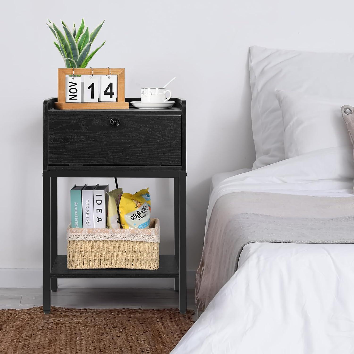 Nightstand End Table with Charging Station, USB Ports, Drawer and Storage Shelf, Black