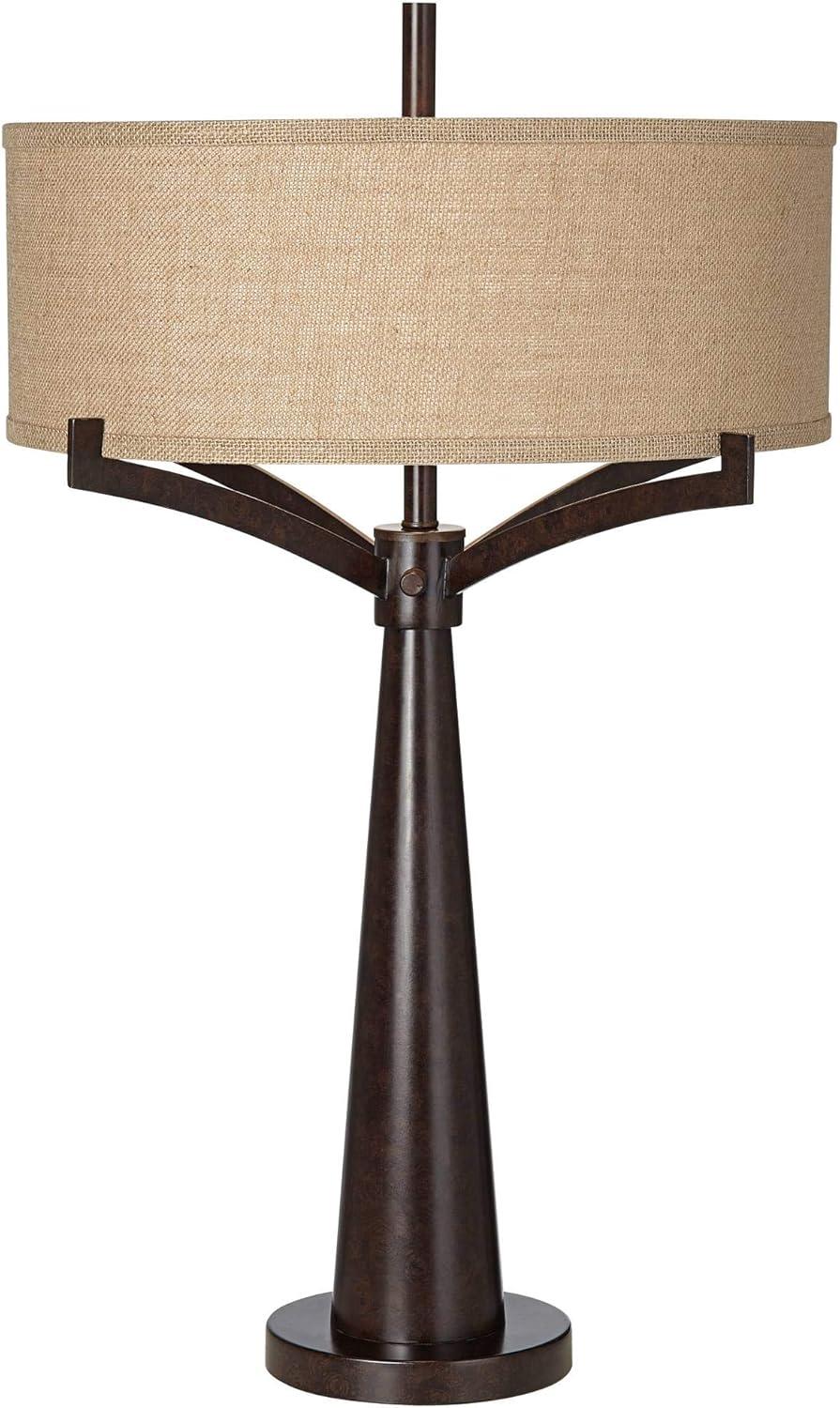 Franklin Iron Works Tremont Industrial Table Lamp 31 1/2" Tall Bronze Metal Burlap Fabric Drum Shade for Bedroom Living Room Bedside Nightstand Office