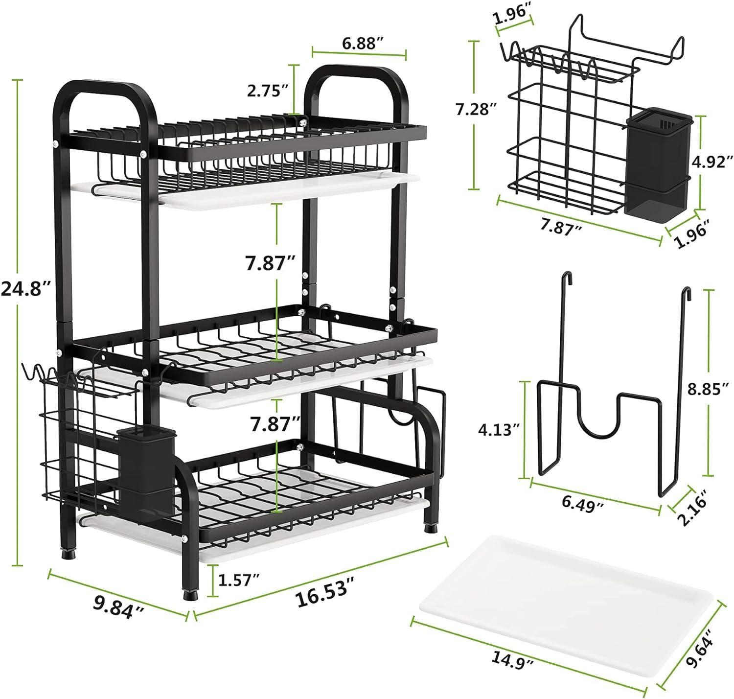 Black Metal 3-Tier Dish Drying Rack with Utensil Holder