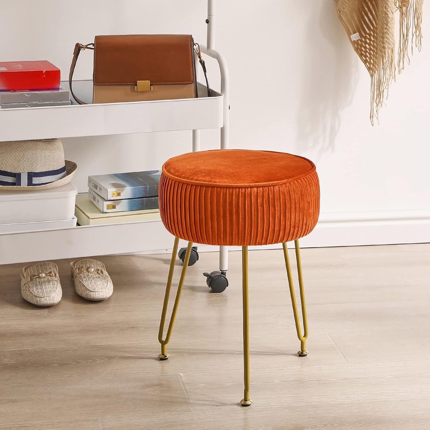 Orange Velvet Round Ottoman with Golden Steel Legs