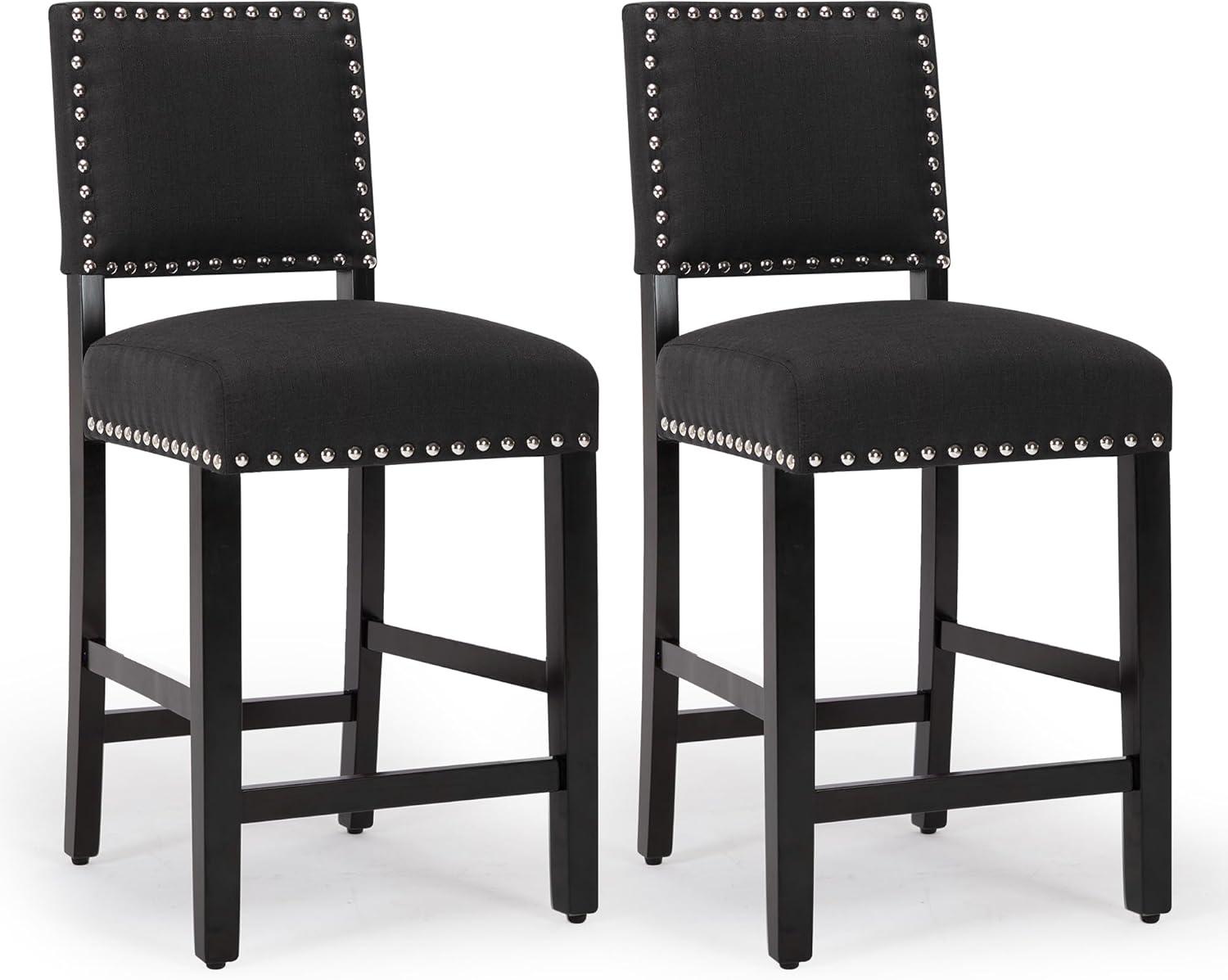 LSSBOUGHT Counter Height Barstools Linen Fabric Upholstered Counter Stool with Rubber Wood Legs Nailed Trim Bar Chair for Kitchen Island (Black, 2Pcs 24" Seat Height)