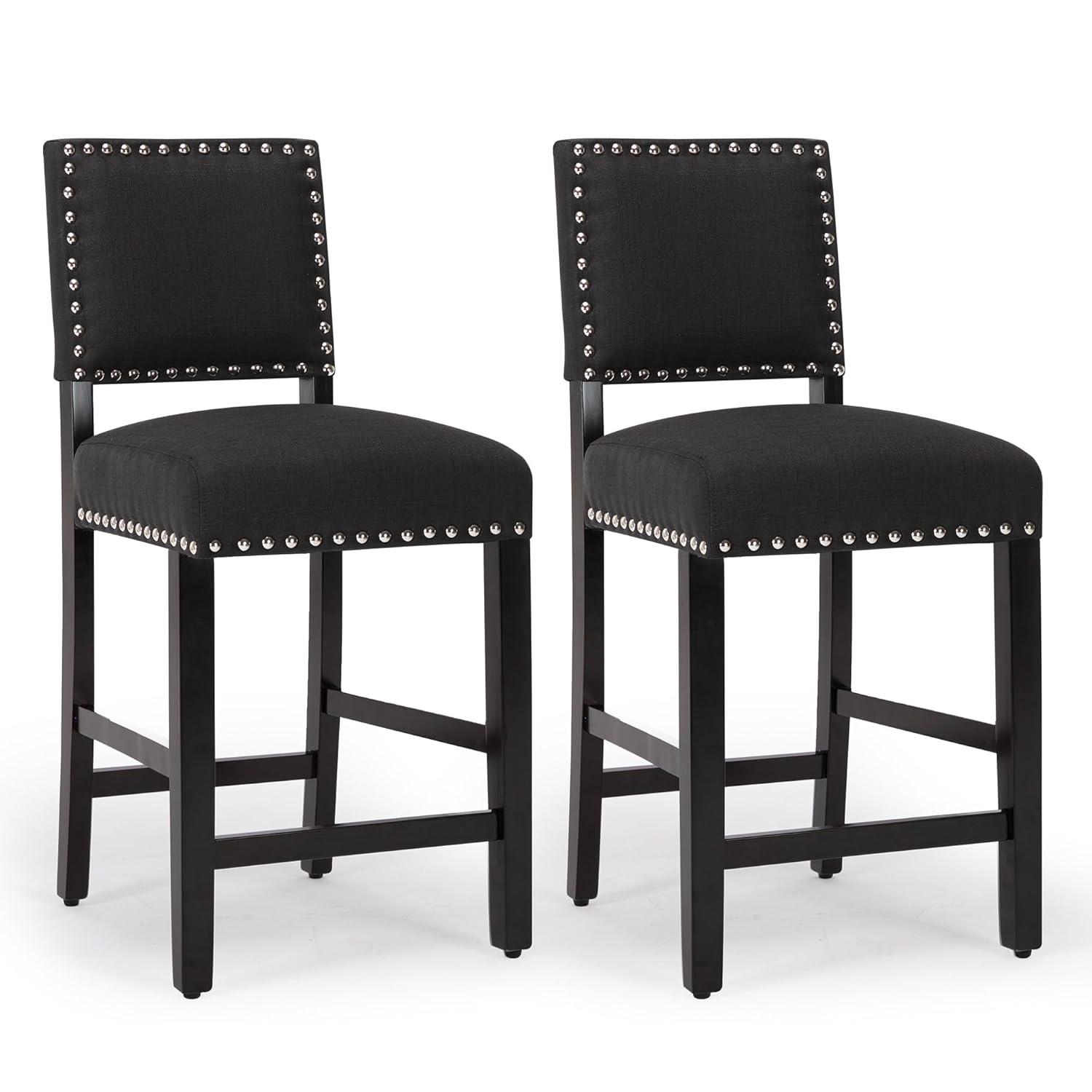 LSSBOUGHT Counter Height Barstools Linen Fabric Upholstered Counter Stool with Rubber Wood Legs Nailed Trim Bar Chair for Kitchen Island (Black, 2Pcs 24" Seat Height)