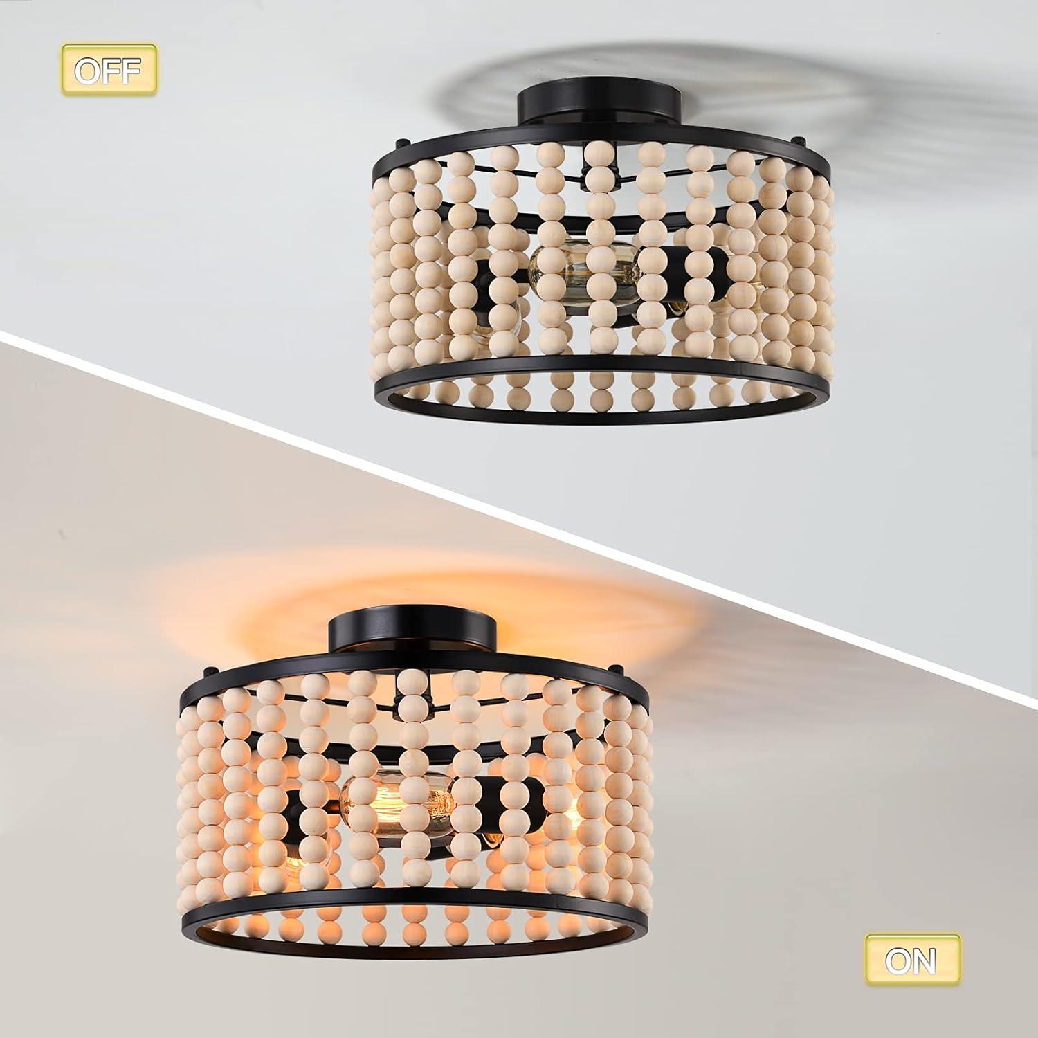 Farmhouse Boho Light Fixture, 3-Light Wood Beaded Chandelier, Black Semi Flush Mount Ceiling Light for Dining Room, Kitchen, Hallway, Bedroom, Living Room