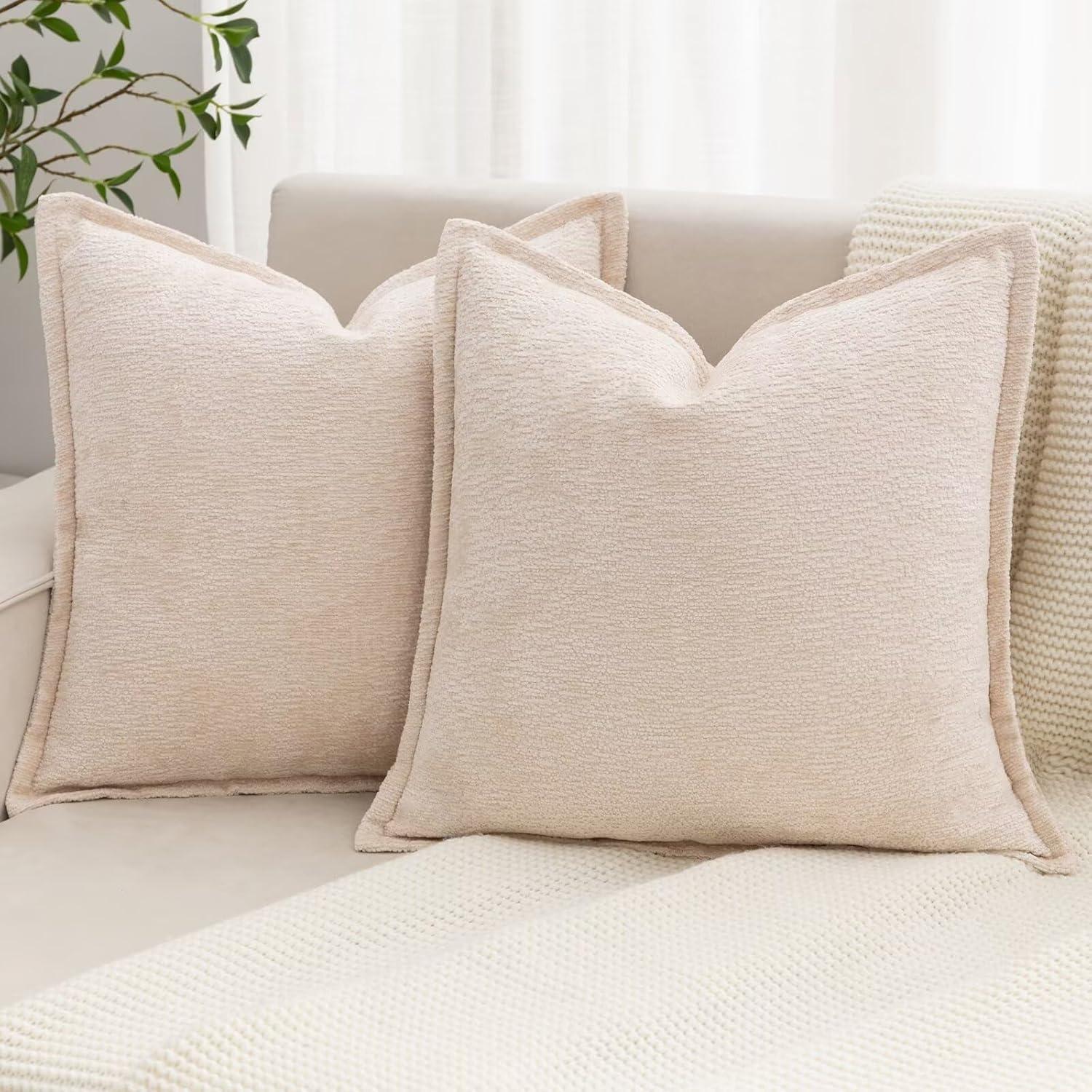 MIULEE Throw Pillow Covers Boho Farmhouse 18x18 Set of 2 Decorative Beige Couch with Fringe Chic Cotton Pillowcases Home Decor Accents for Cushion Soft Bed Living Room