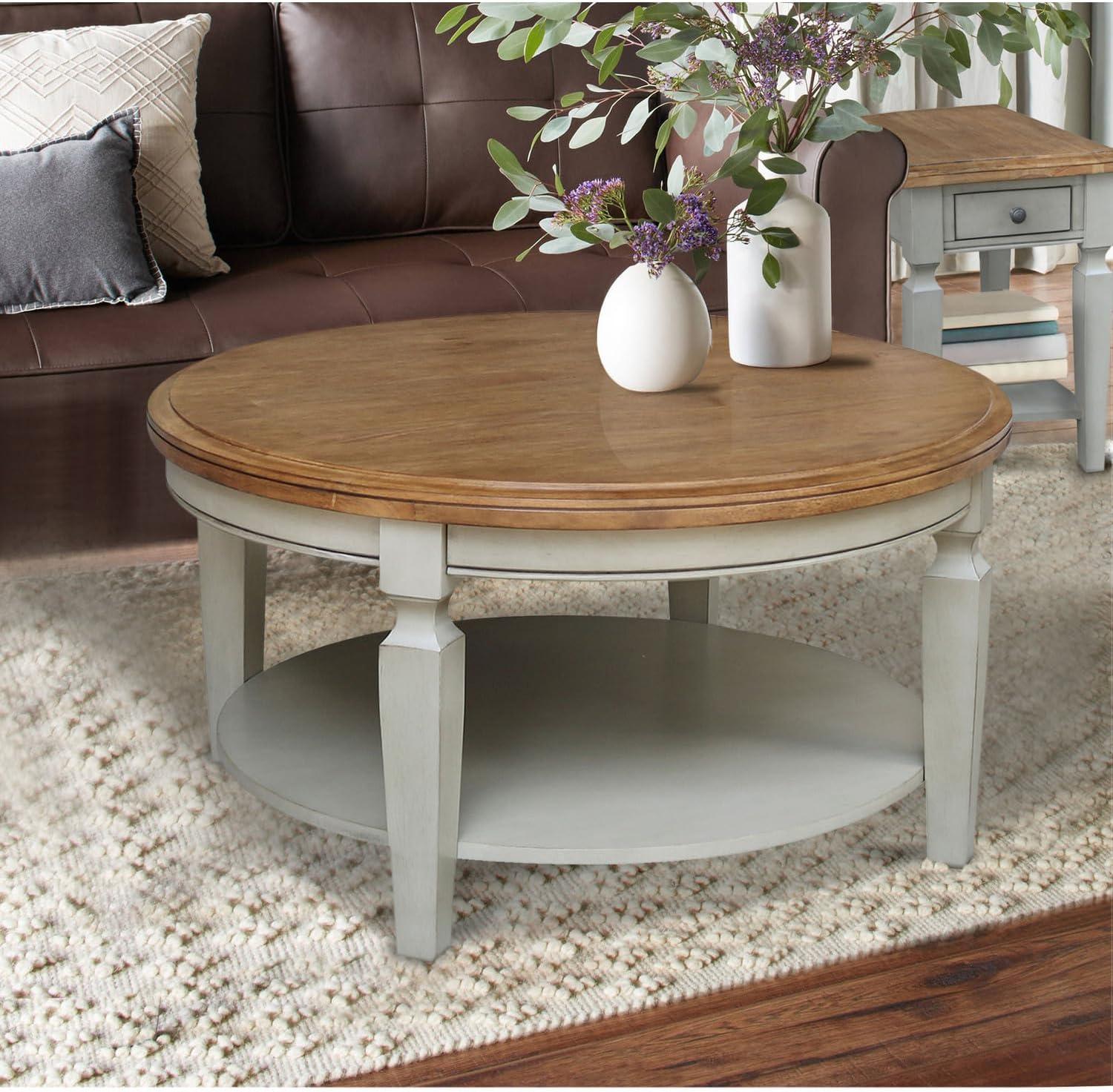 Vista Round Coffee Table Hickory Brown - International Concepts: Solid Wood, Mid-Century Modern, Fixed Shelf