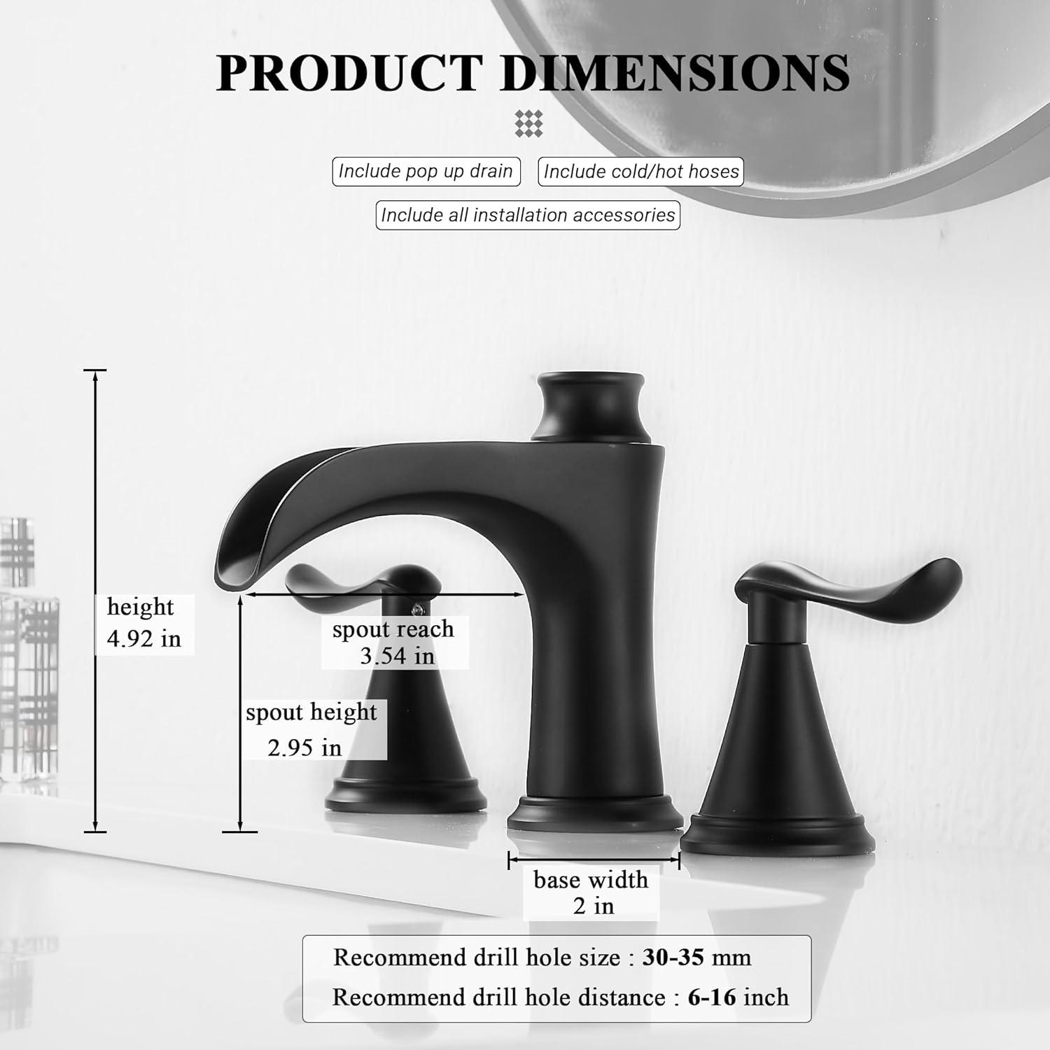 Bathroom Faucet 3 Hole Black, 8 inch Widespread Bathroom Faucet Waterfall Face Basin Faucet for Bathroom Sink, Matte Black (A.Matte Black)