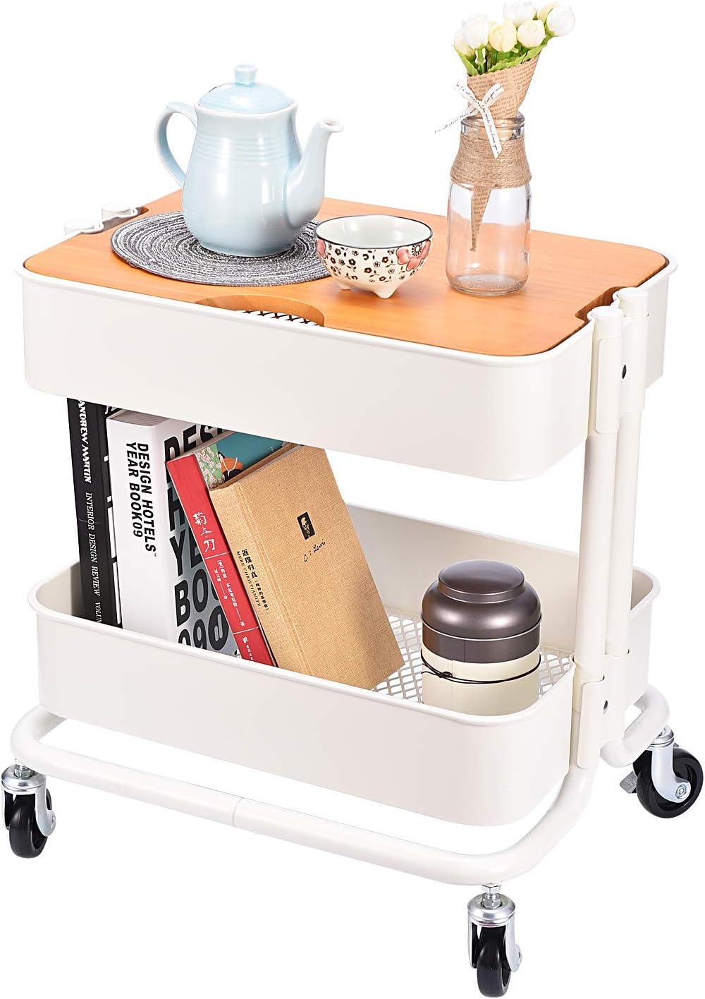 Melody House 2 Tier Metal Utility Rolling Cart Storage Organizer with Cover Board, Mobile Trolley Sofa Side Table with Wheels for Office Home Kitchen Organization, White