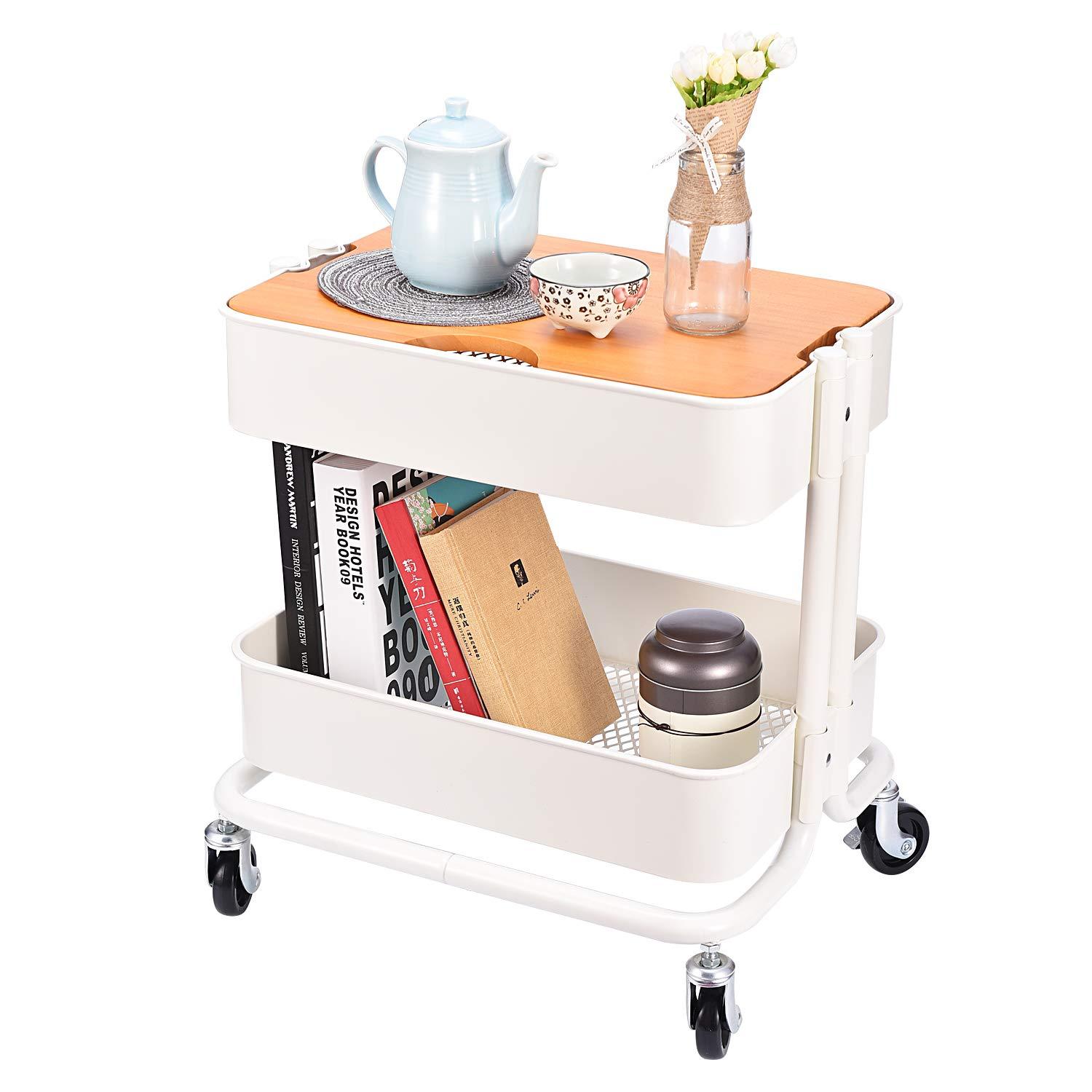 Melody House 2 Tier Metal Utility Rolling Cart Storage Organizer with Cover Board, Mobile Trolley Sofa Side Table with Wheels for Office Home Kitchen Organization, White