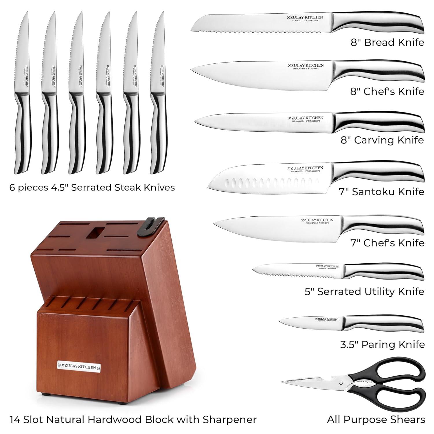Zulay Kitchen Zulay Kitchen Premium 15-Piece Knife Set with Natural Wood Block and Built-in Sharpener