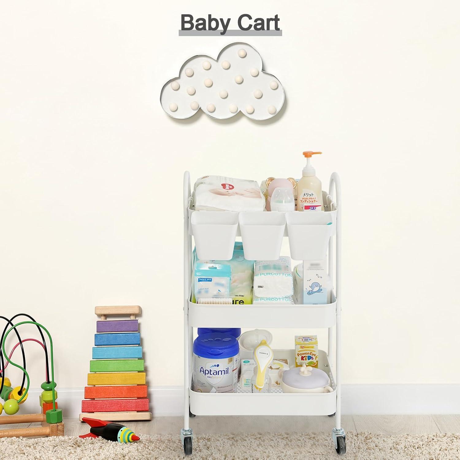 danpinera 3 Tier Metal Rolling Cart with Wheels Craft Cleaning Utility Cart for Storage-White