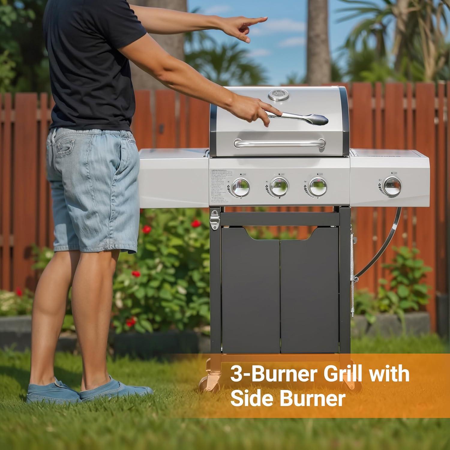 3-Burners Propane Gas Grill Outdoor with Side Burner & Thermometer, Stainless Steel Propane Grill for Outdoor BBQ and Camping, Patio Backyard Barbecue, 33950 BTU Output