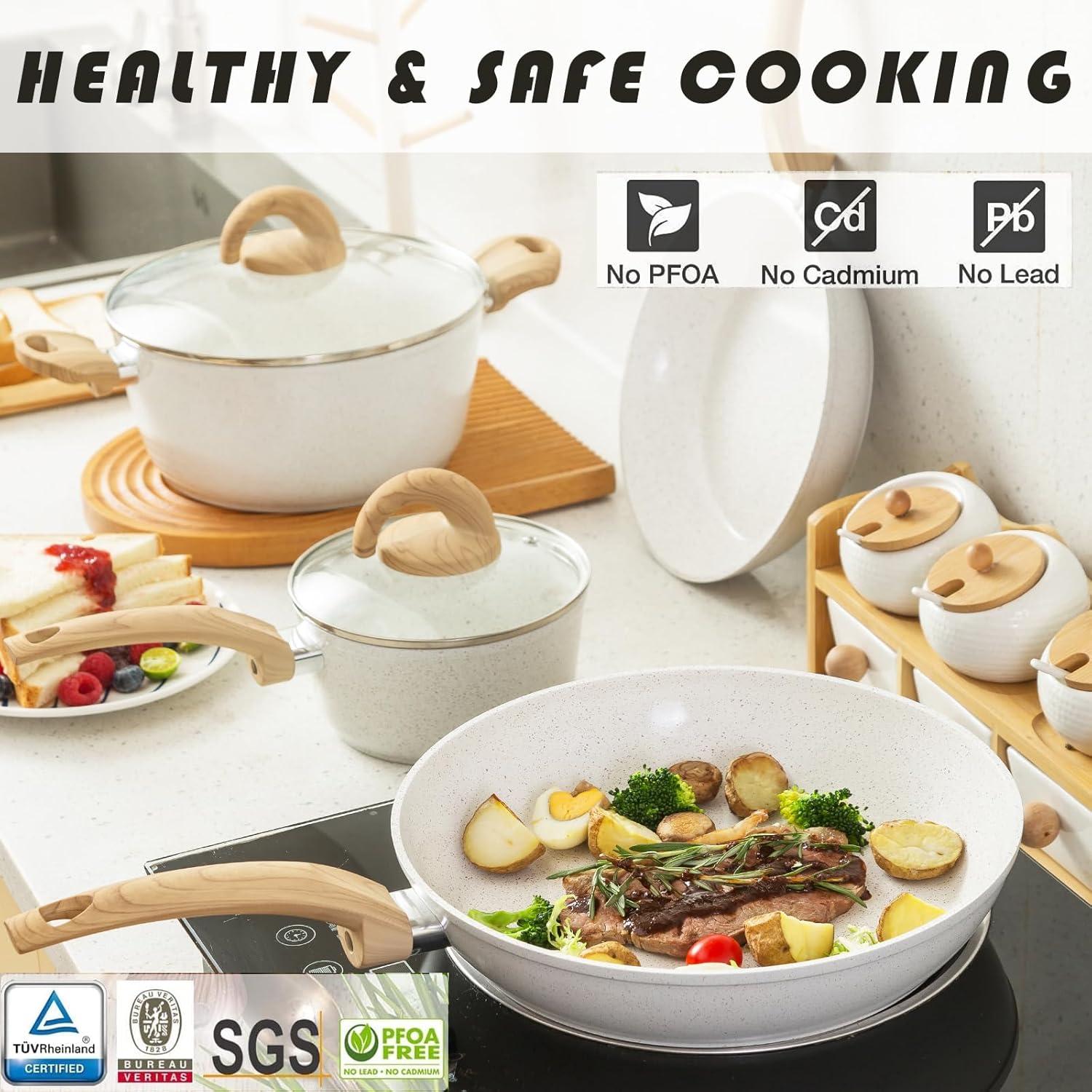 White Ceramic Non-Stick Cookware Set with Wood Handles