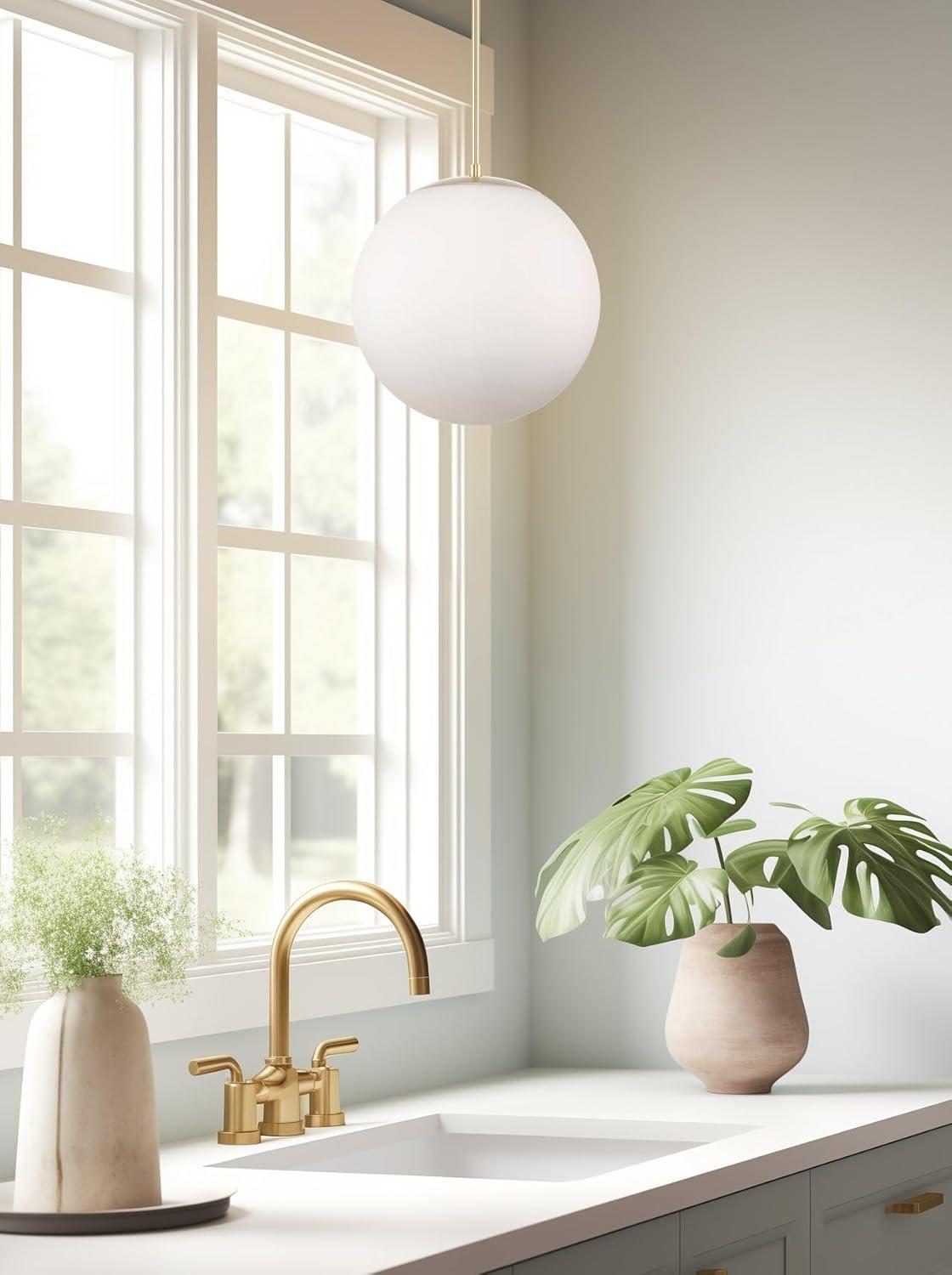 Kira Home Ceres 14" Mid-Century Modern Hanging Orb Pendant Light with Smooth Matte White Frosted Diffuser, Cool Brass