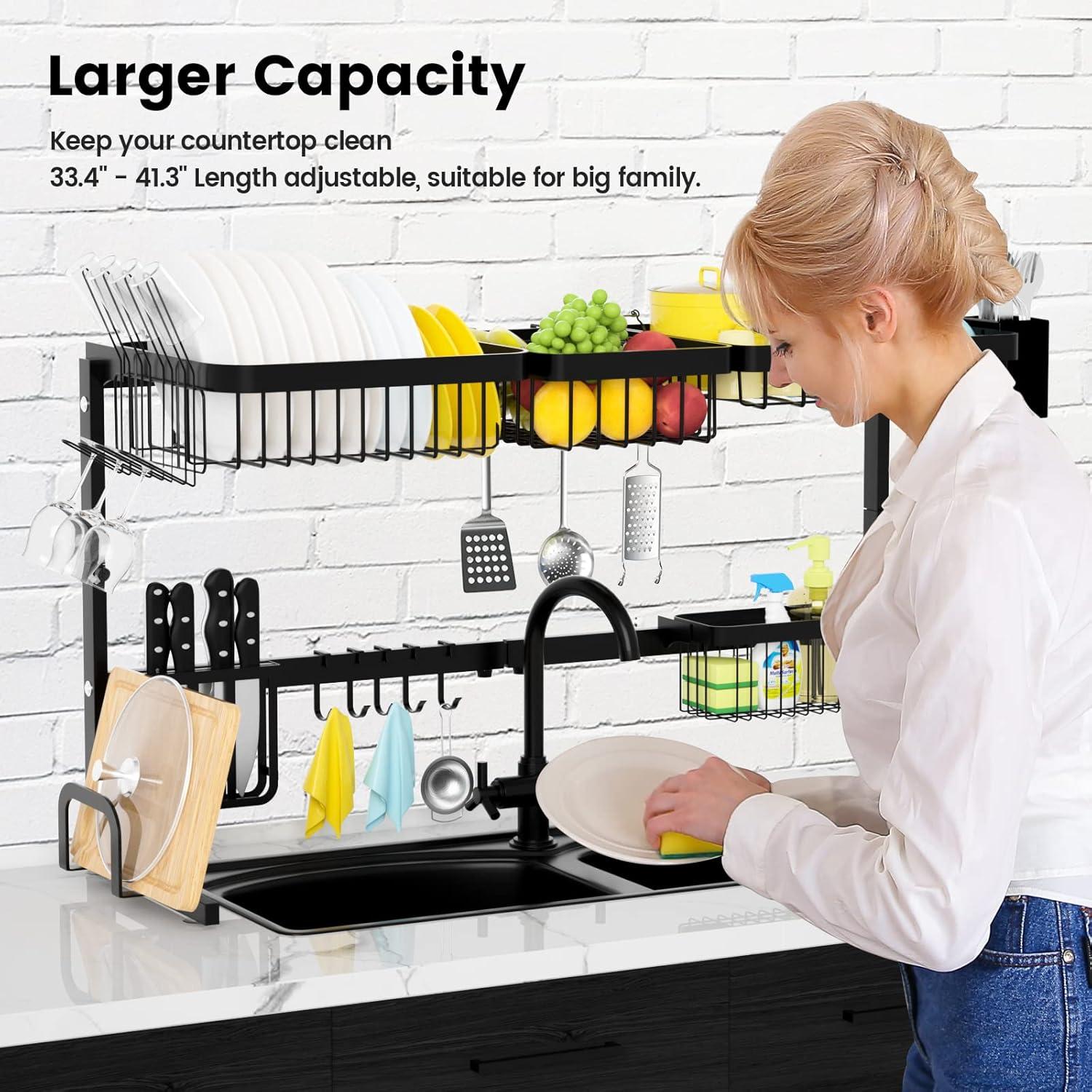 MERRYBOX Large Over The Sink Dish Drying Rack (33.4"-41.3") 2 Tier Length Adjustable Dish Drainer for Kitchen Sink Auto Drainage Space Saving Kitchen Organizer, Black