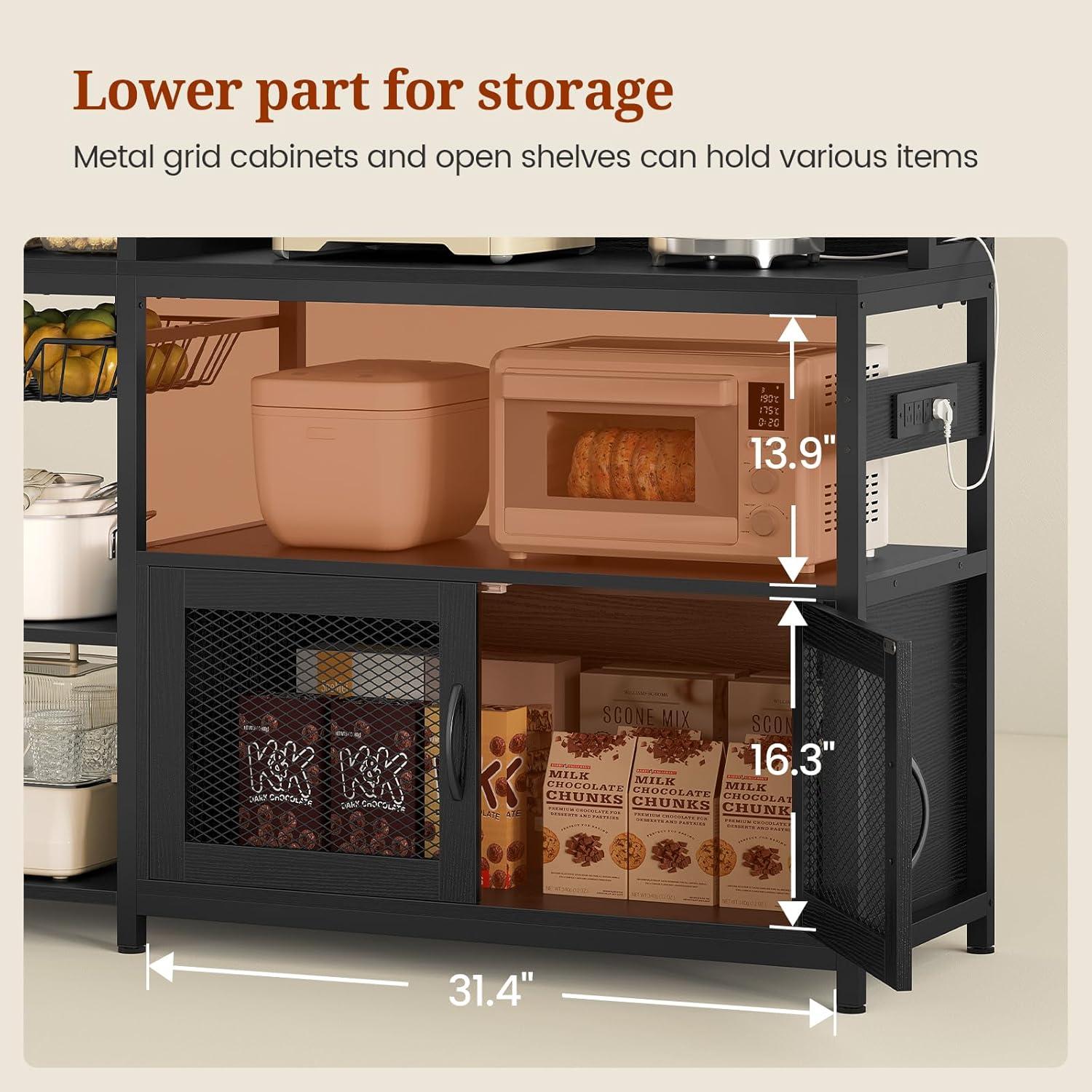 Kitchen Bakers Rack with Storage Shelves, Microwave Stand with Power Outlet and LED Light, Coffee Bar Cabinet Wire Basket Metal Grid Wine Rack Goblet Holder Hooks (Black, Small)