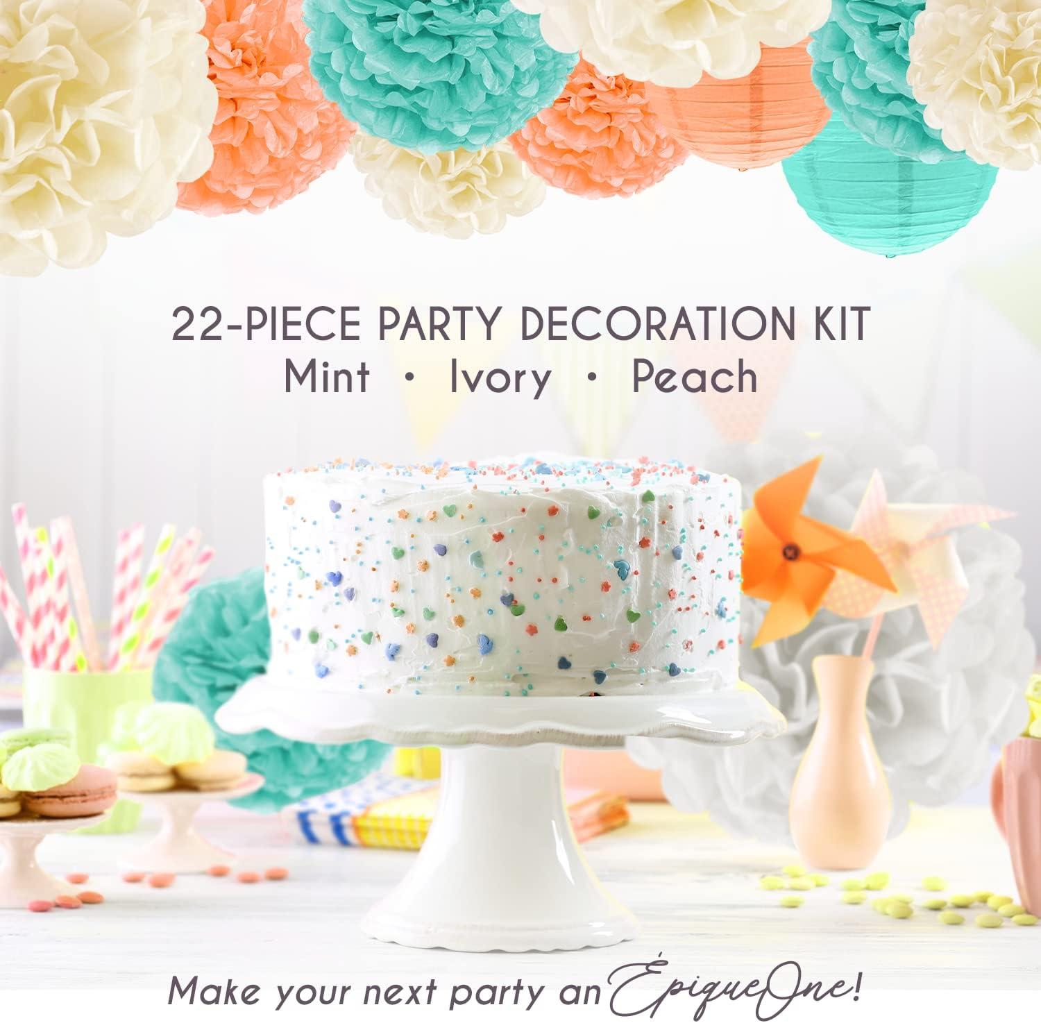 EpiqueOne 22-Piece Tissue Paper Pom Poms and Paper Lantern Party Kit - Add a Splash of Mint, Ivory & Peach to Your Celebrations!