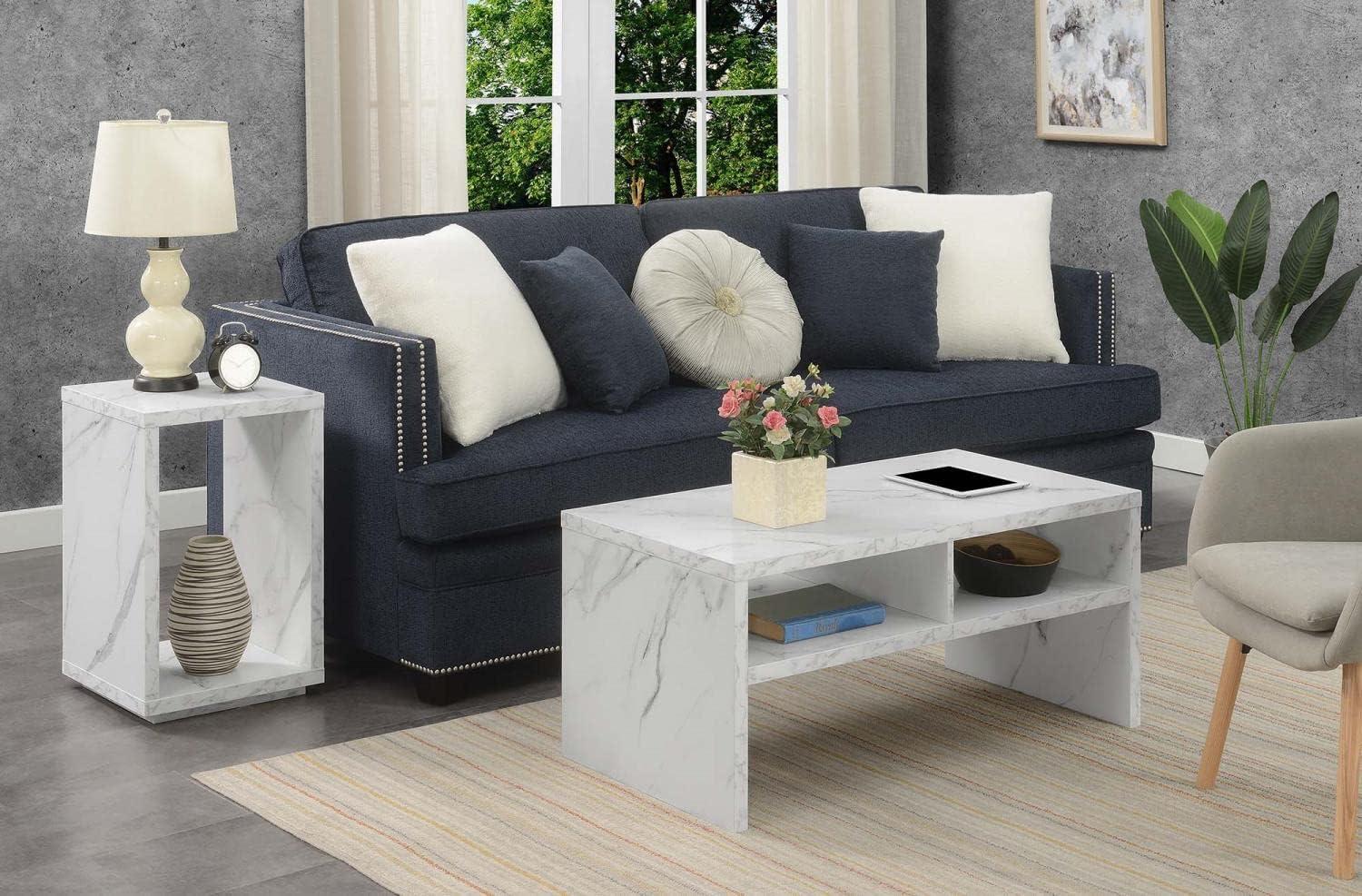Modern Rectangular Wood & White Marble Coffee Table with Shelves